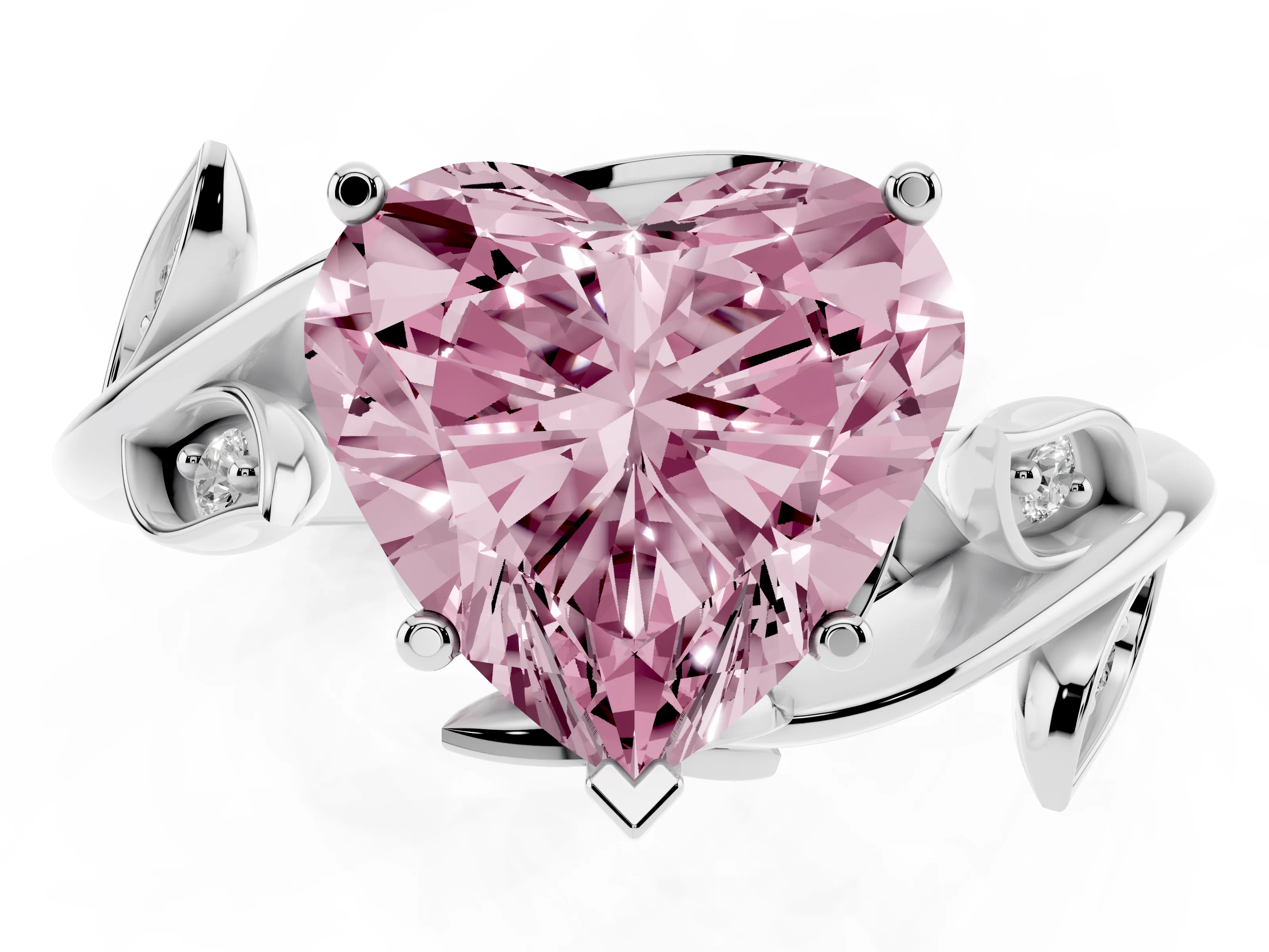 Fancy Pink Heart Cut Diamond Solitaire Twist Engagement Ring Set in White gold with Pavé Leaf Accents
