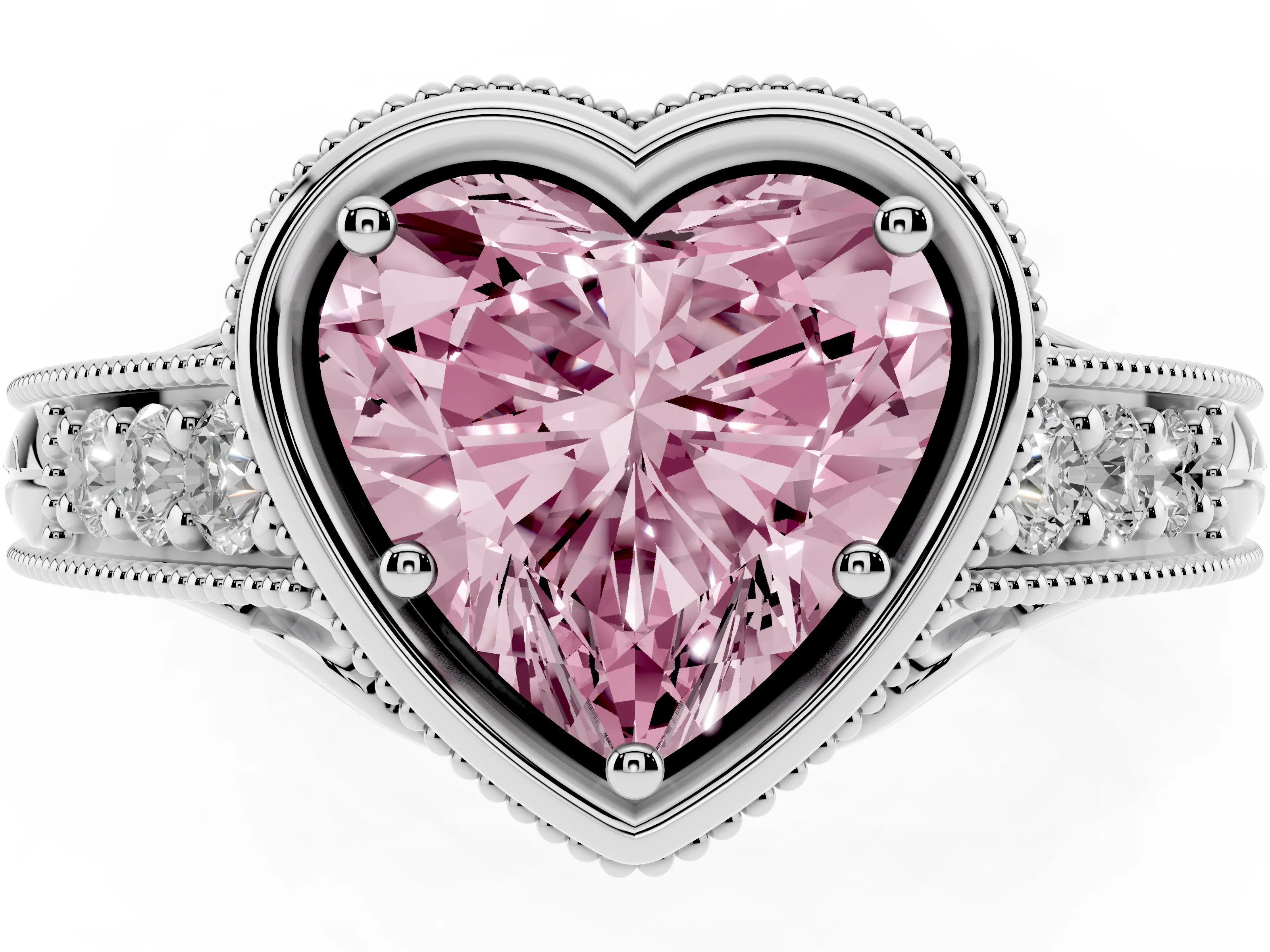 Fancy Pink Bezel Set Heart Cut Diamond Milgrain Pavé Engagement Ring Set in Silver