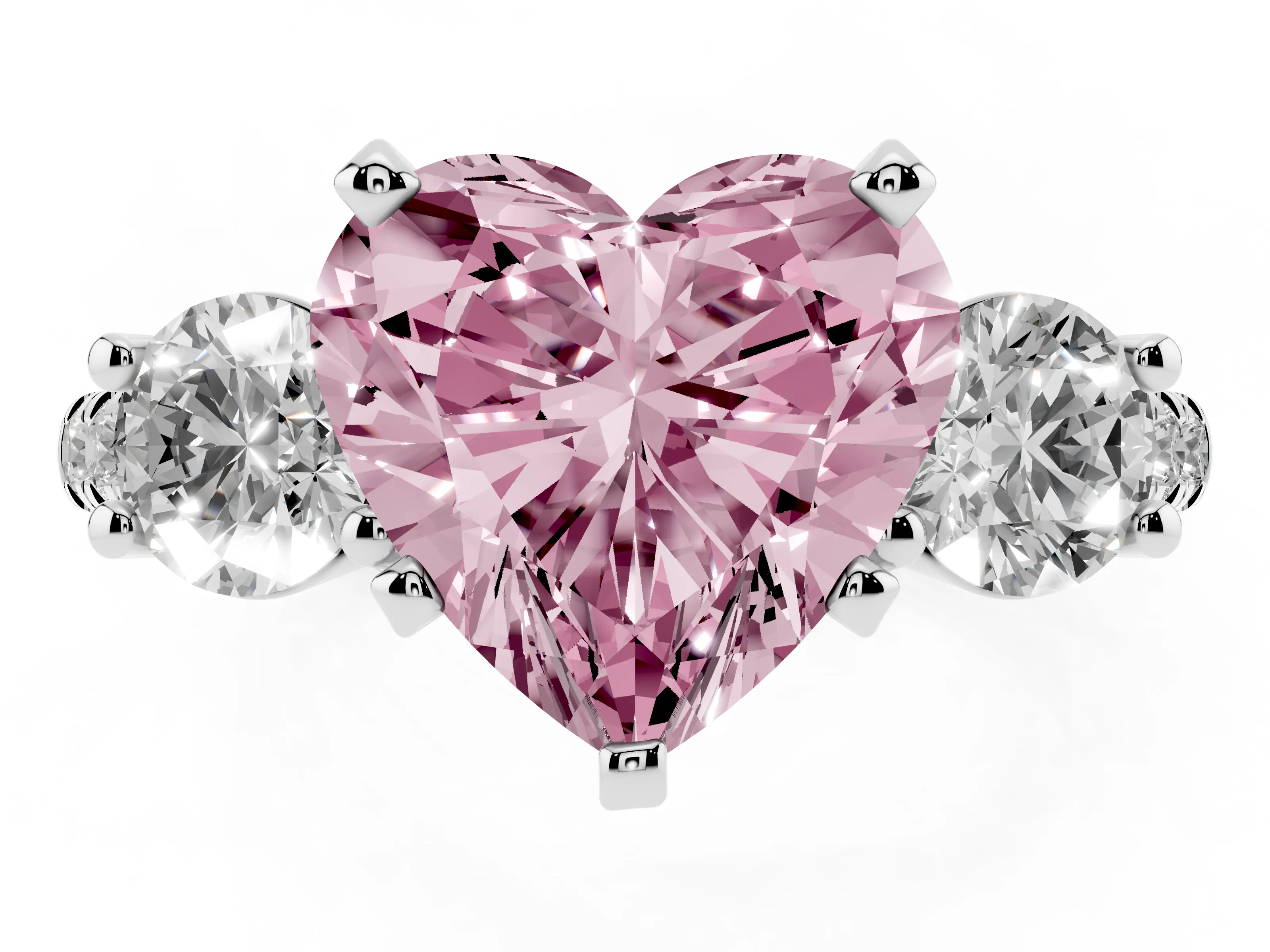 Fancy Pink Three-Stone Heart Cut Diamond Pavé Band Ring Set in Platinum with Prong-Set Trio