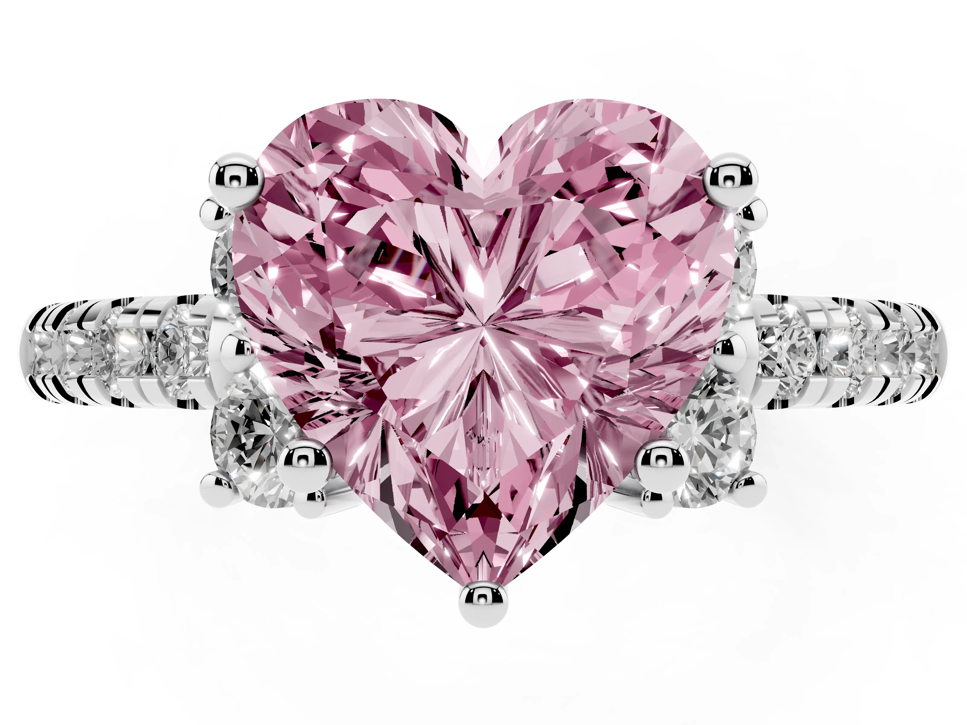 Fancy Pink Heart Cut Diamond Three-Stone Pavé Ring Set in Silver with Prong Setting