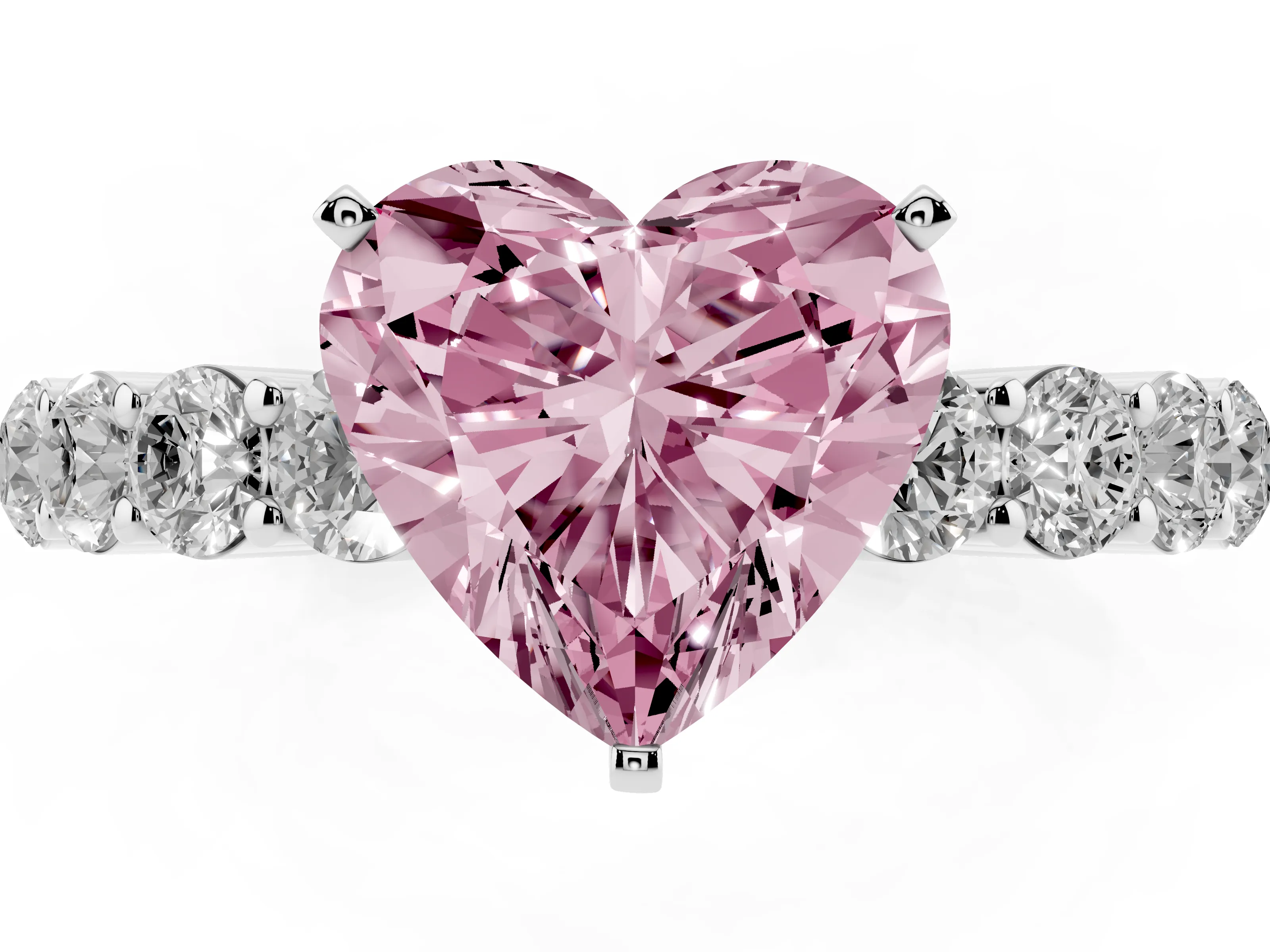 Fancy Pink Heart Cut Diamond Solitaire Ring Set in White gold with Shared Prong Round Side Stones