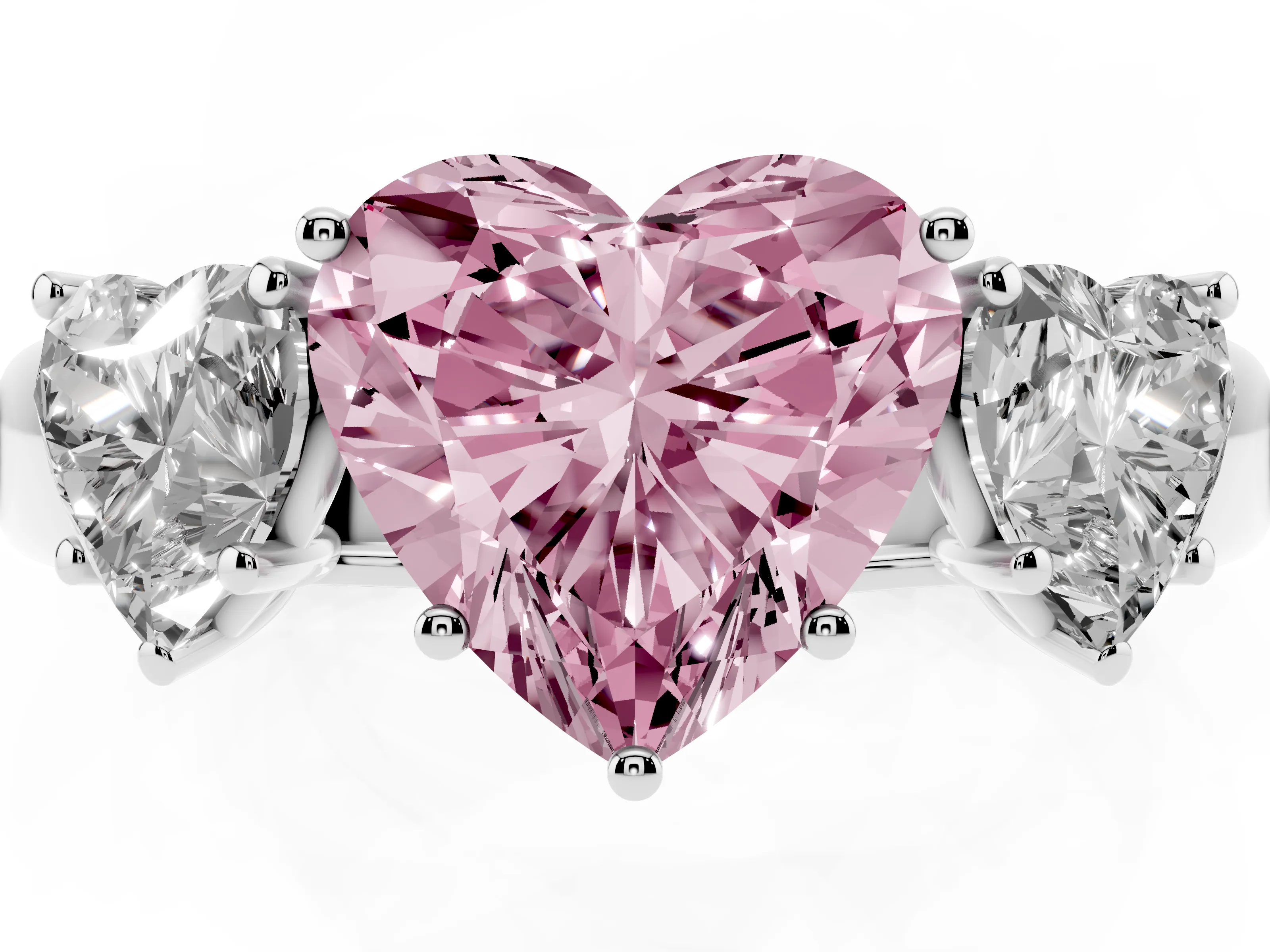 Fancy Pink Three-Stone Heart Cut Diamond Ring Set in Silver with Matching Prong Settings and Plain Band