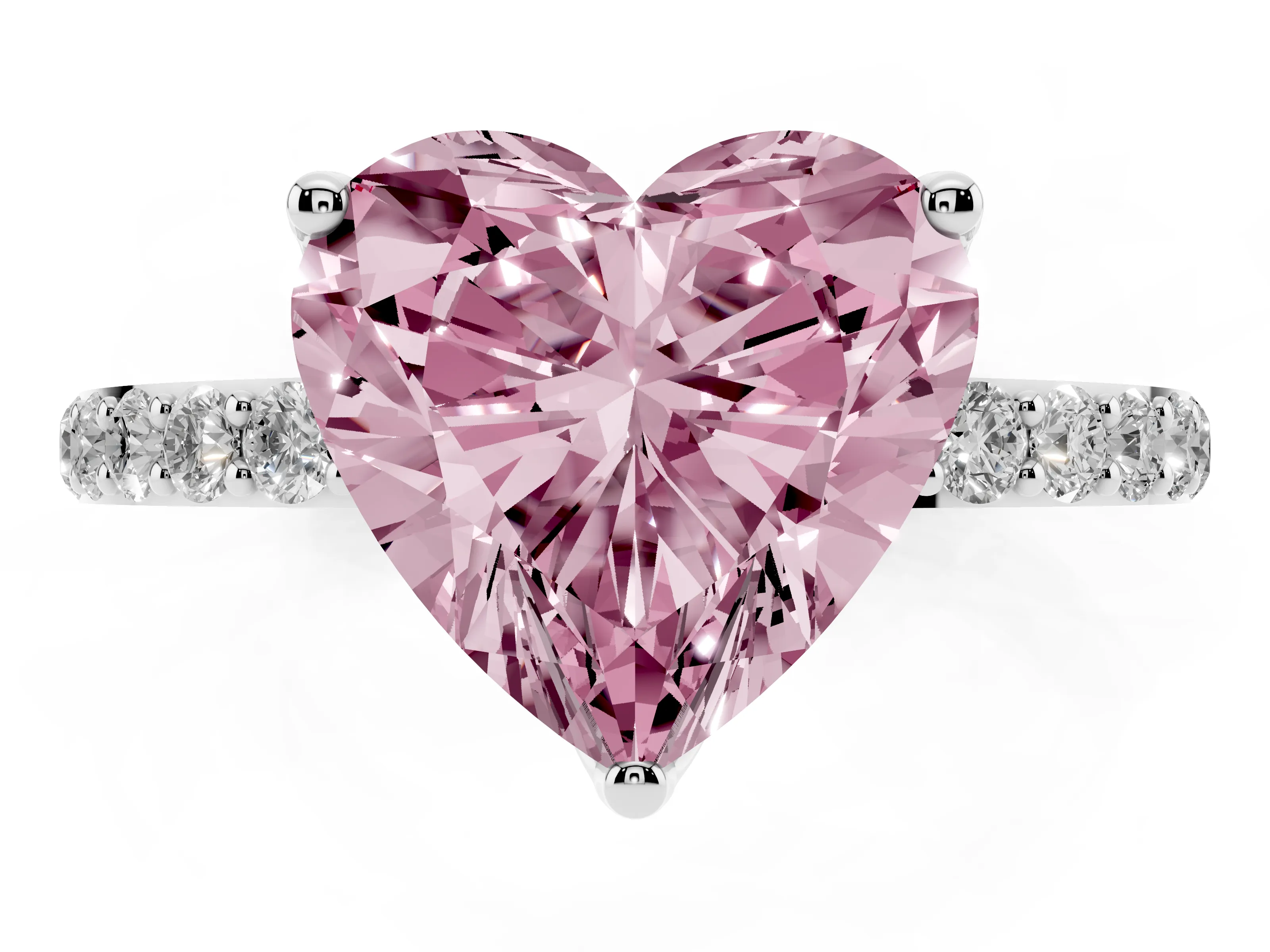 Fancy Pink Heart Cut Diamond Solitaire Engagement Ring Set in Platinum with Round Pavé Band and Prong Setting