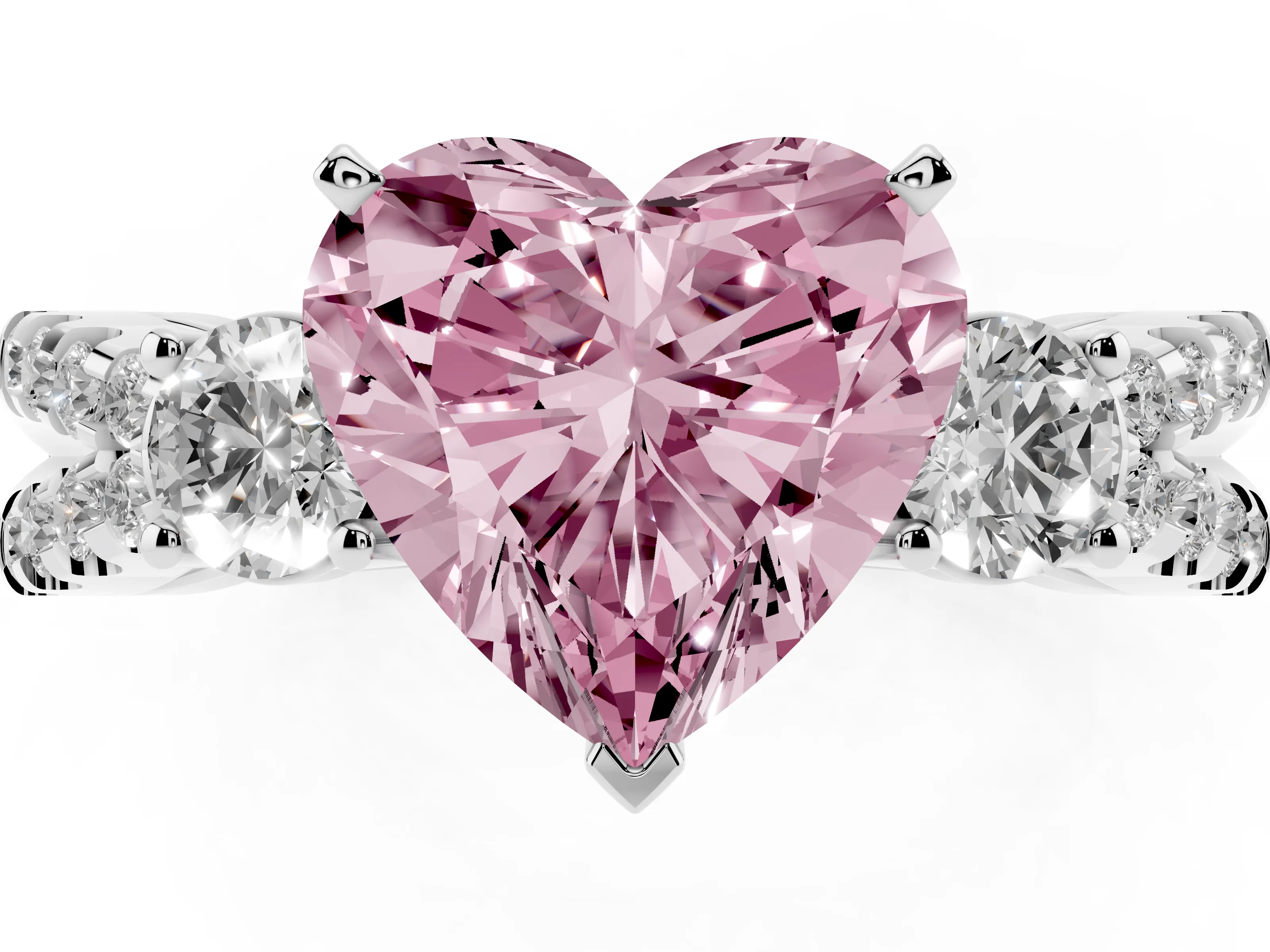 Fancy Pink Heart Cut Diamond Three-Stone Ring Set in Silver with Pavé Split Shank and Prong Setting