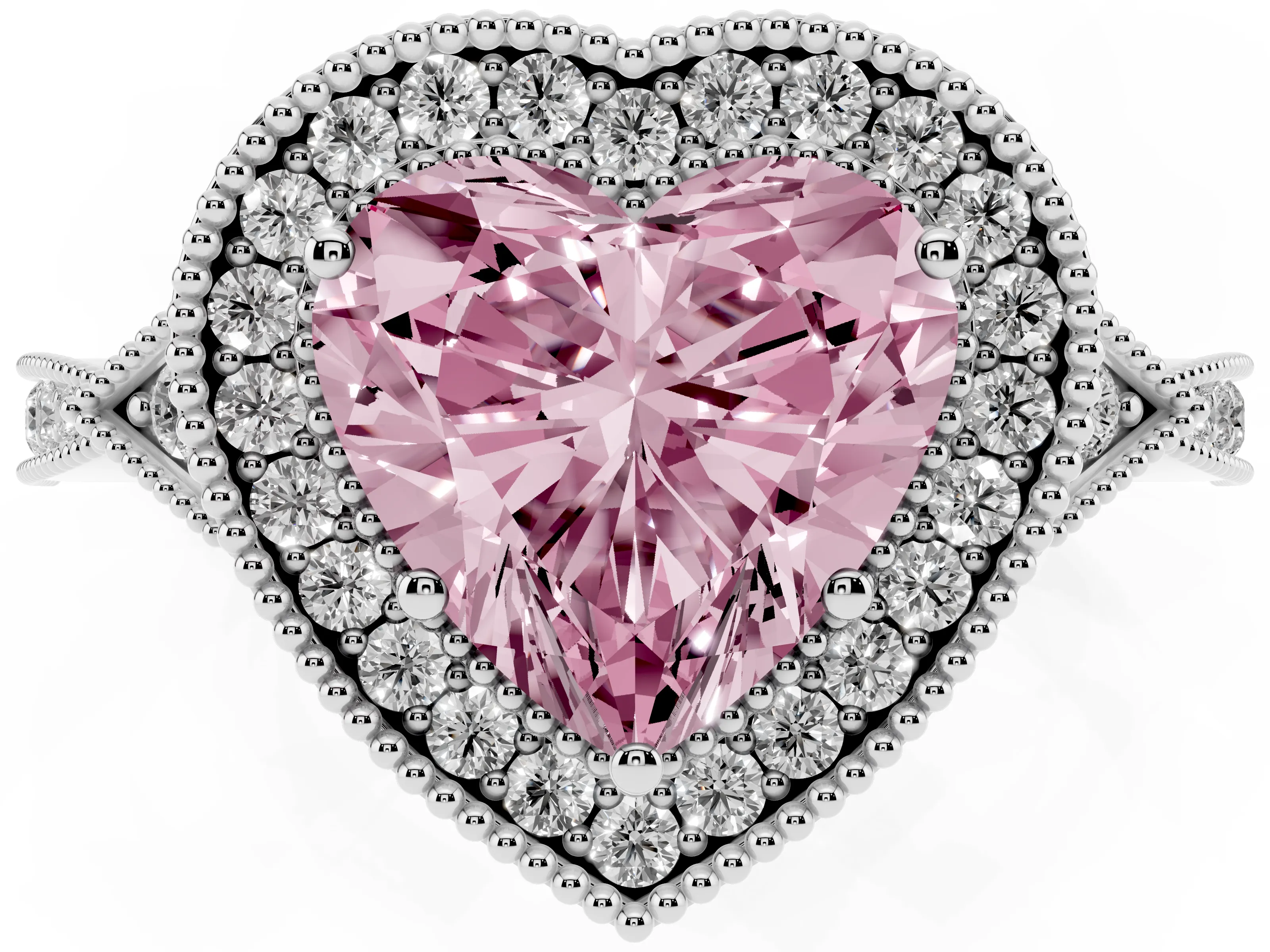 Fancy Pink Heart Cut Diamond Halo Engagement Ring Set in White gold with Milgrain Pavé Band