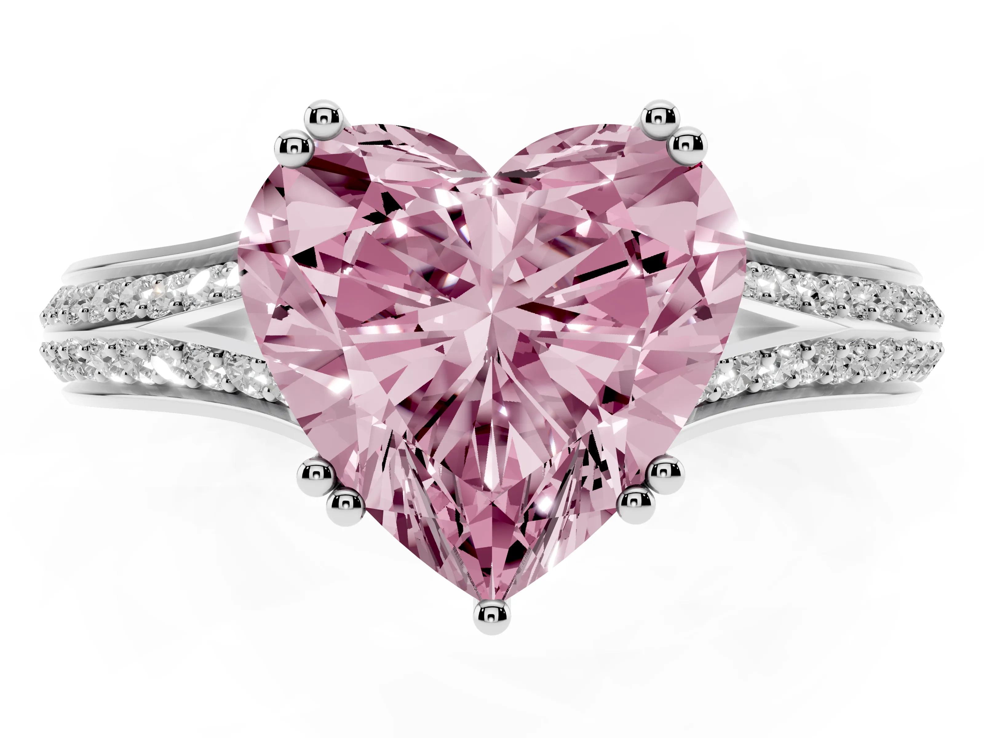 Fancy Pink Heart Cut Diamond Split Shank Pavé Engagement Ring Set in White gold with Prong-Set Center Stone