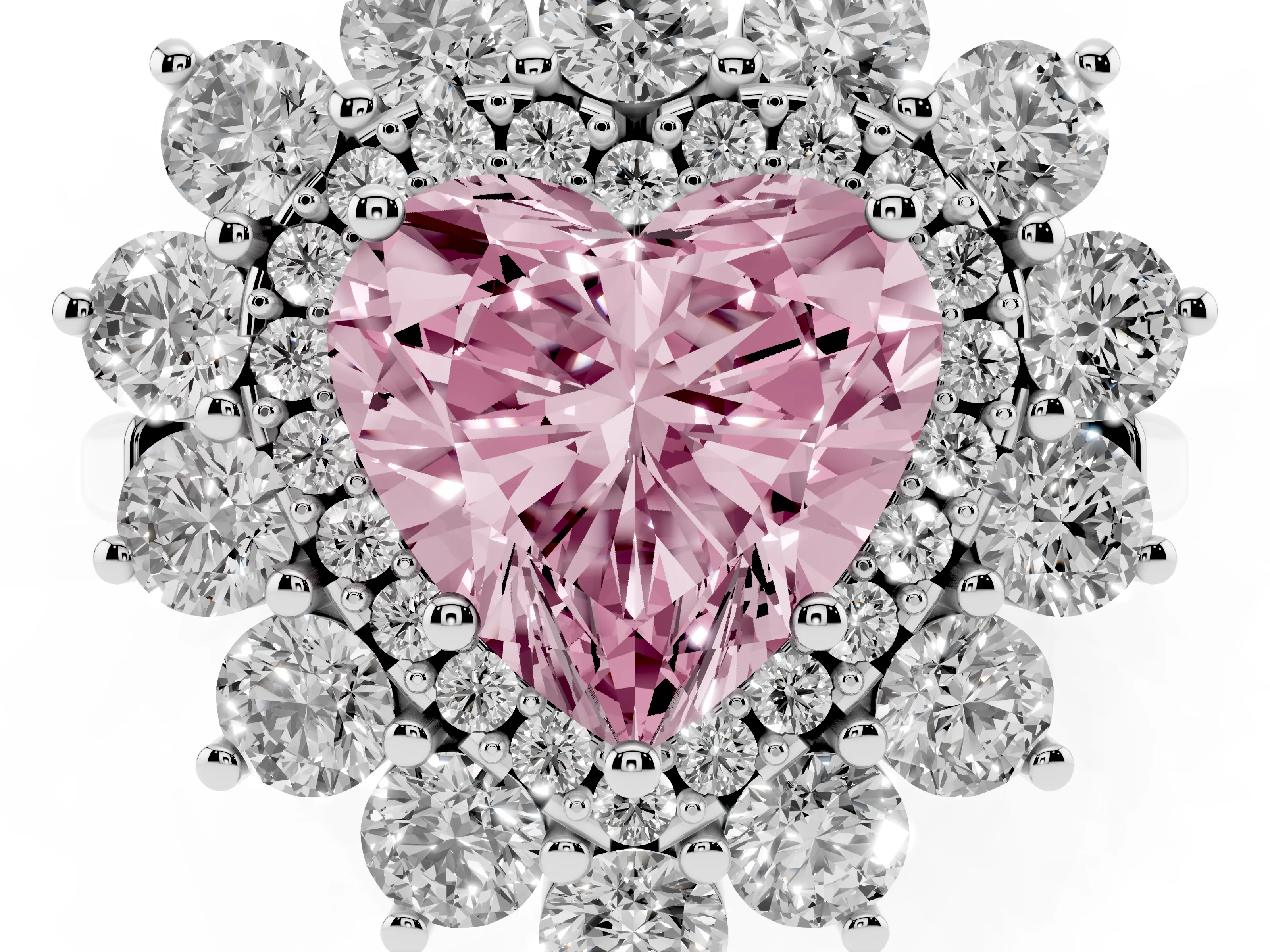 Fancy Pink Heart Cut Diamond Floral Double Halo Ring Set in Silver with Round Petals
