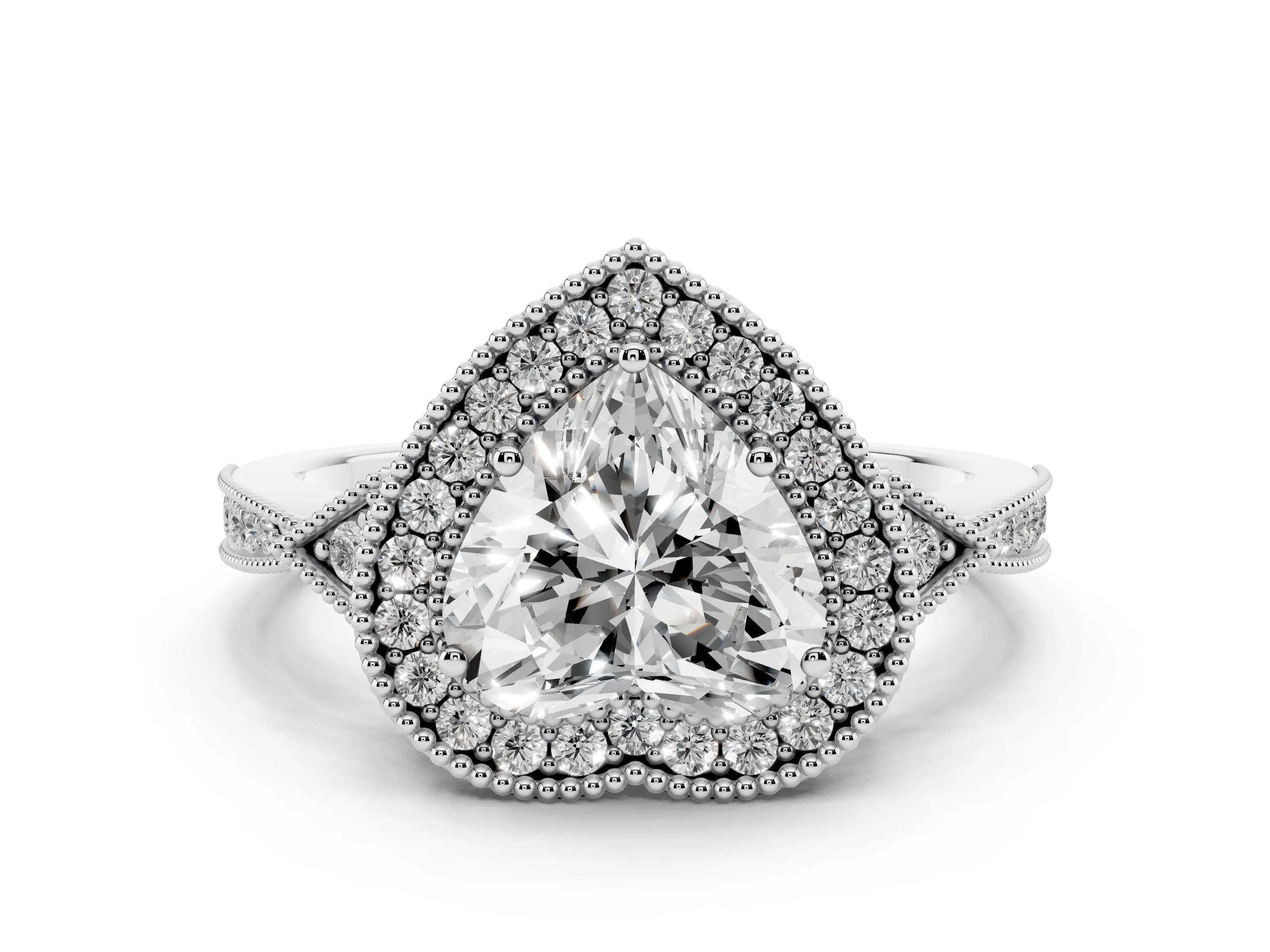 Heart Cut Diamond Halo Engagement Ring Set in White gold with Milgrain Pavé Band