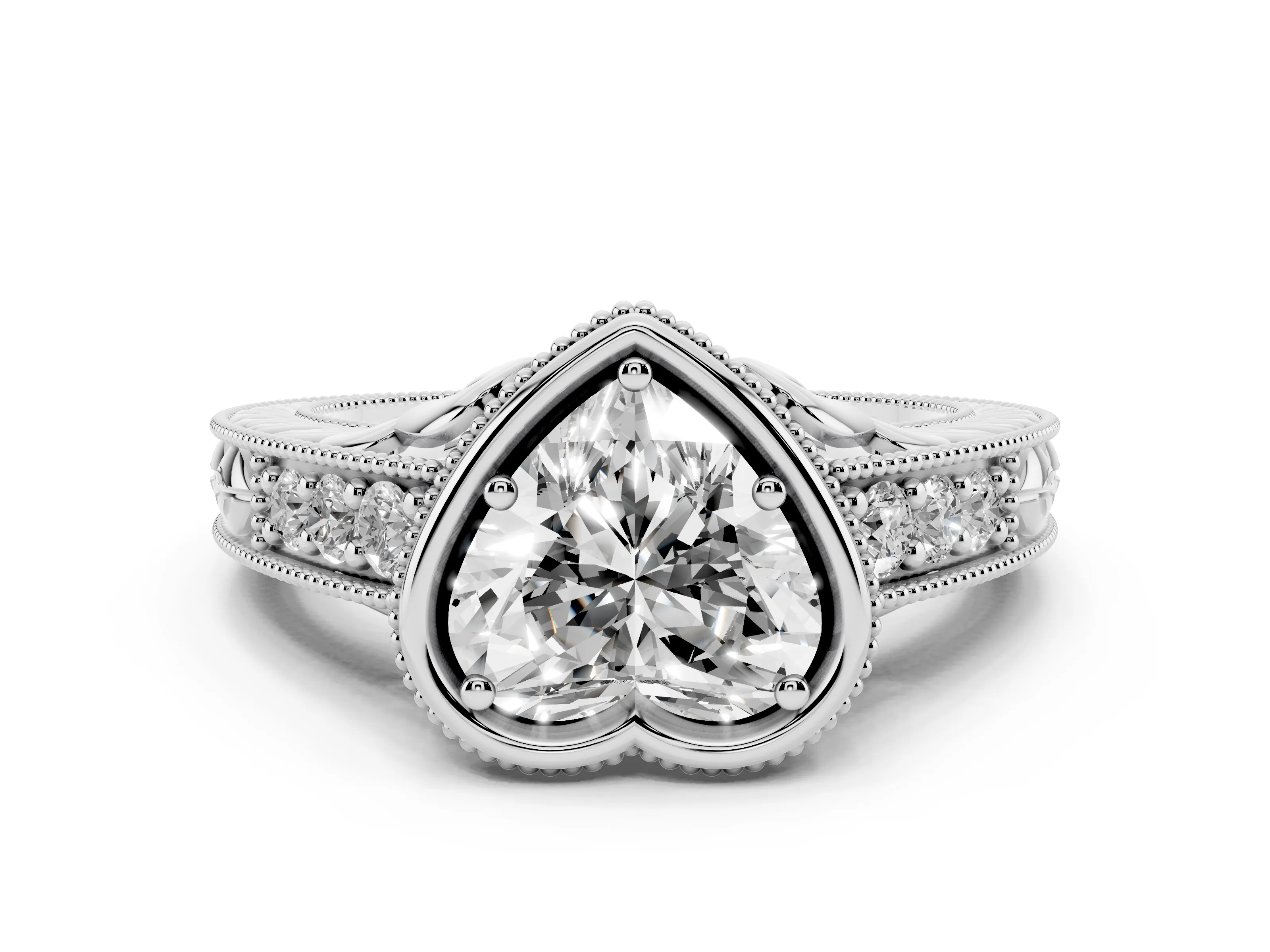 Bezel Set Heart Cut Diamond Milgrain Pavé Engagement Ring Set in Platinum