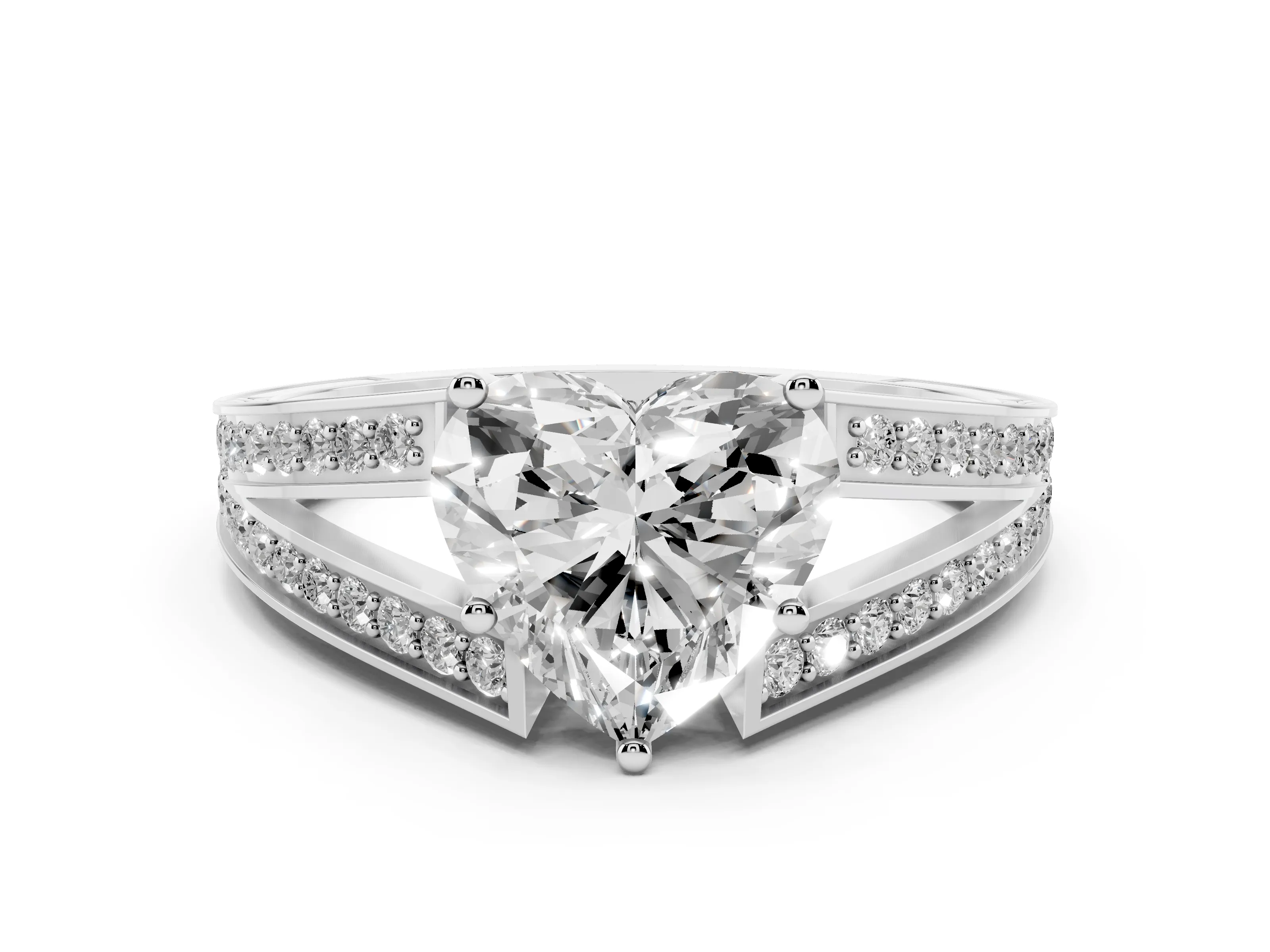 Heart Cut Diamond Split Shank Ring Set in Platinum with Pavé Band and Prong Setting