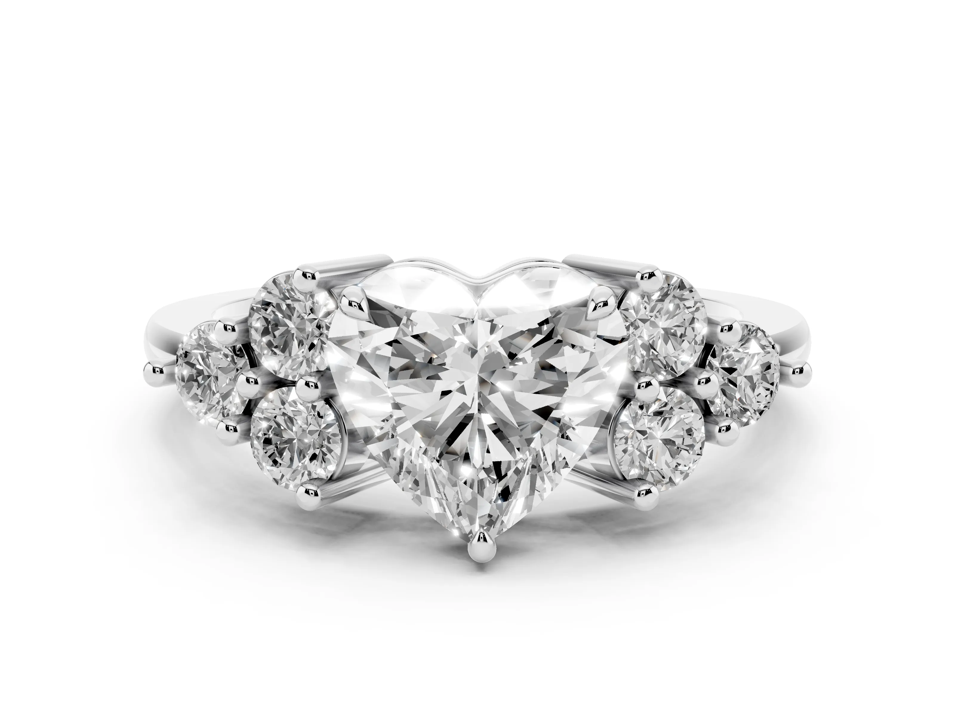 Heart Cut Diamond Solitaire Ring Set in Platinum with Cluster Accents on Each Side