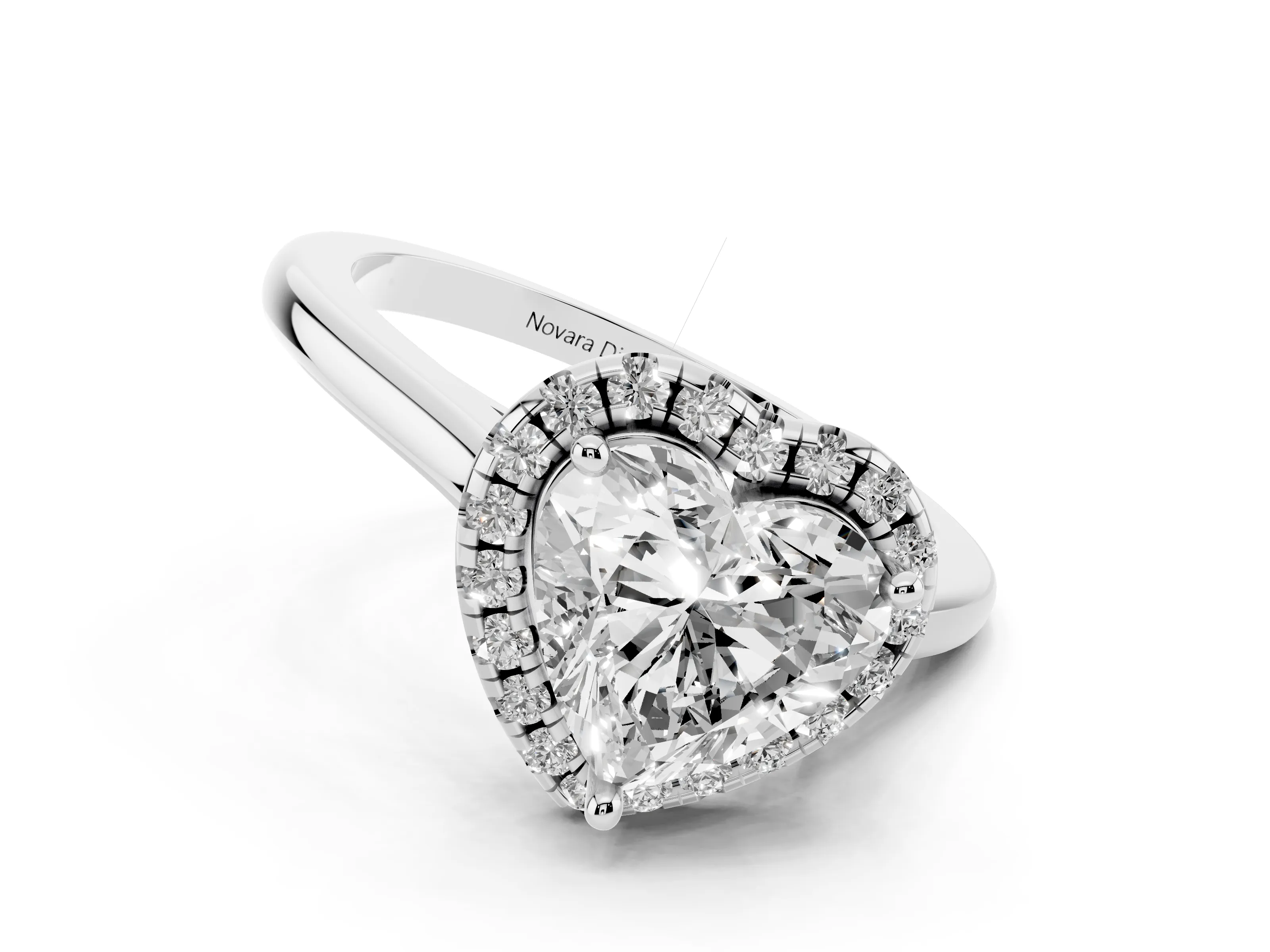 Heart Cut Diamond Halo Engagement Ring Set in White gold with Pavé Band and Rising Shoulders