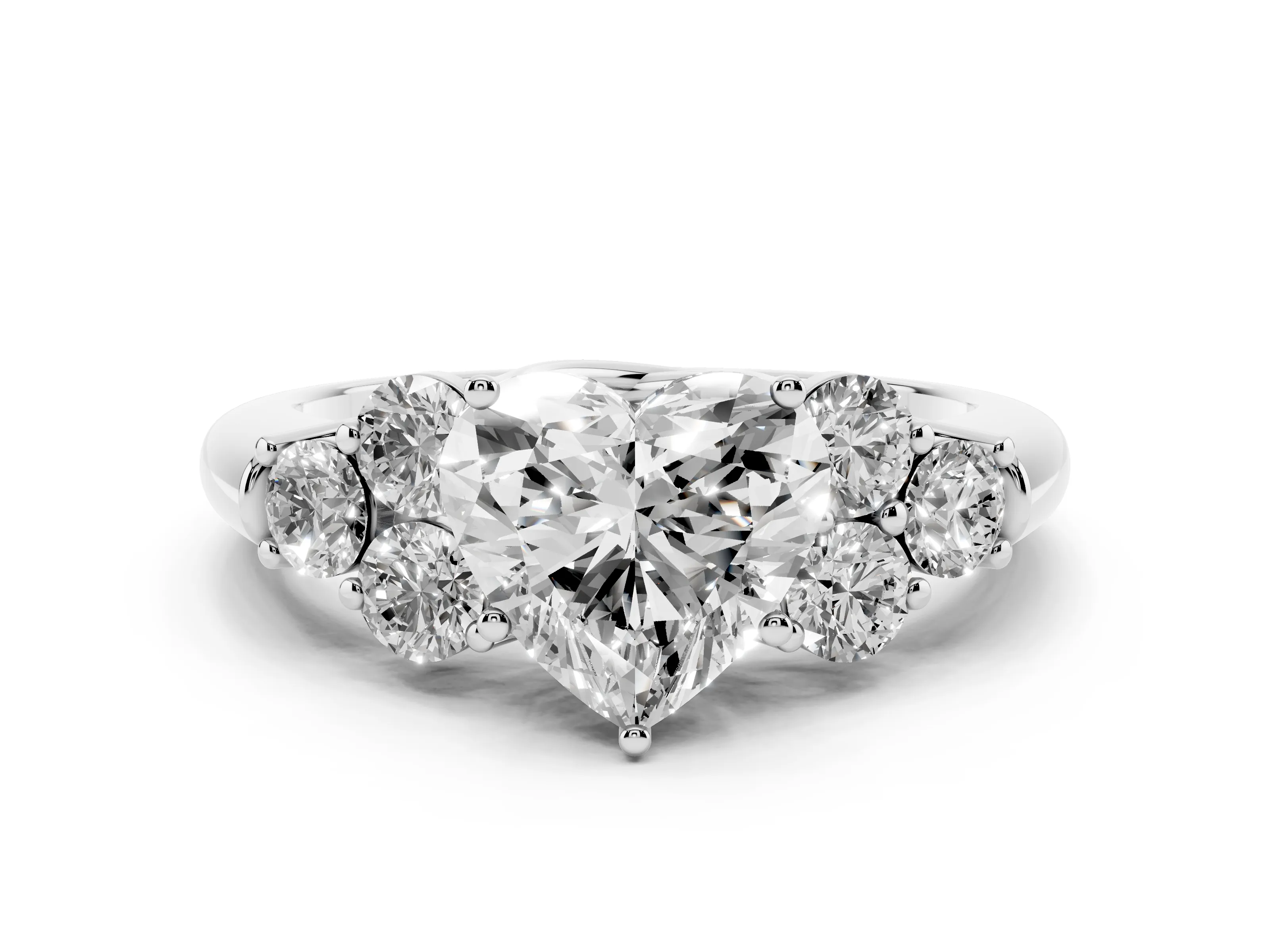 Heart Cut Diamond Cluster Ring Set in Platinum with Round Accent Stones and Prong Setting on a Plain Band