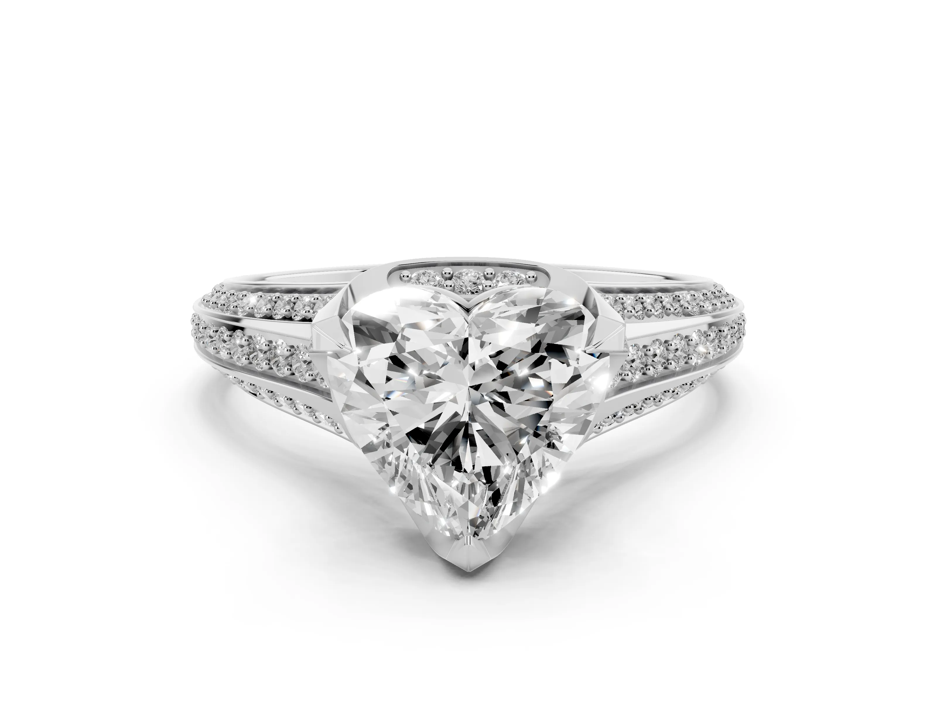 Heart Cut Diamond Pavé Split Shank Solitaire Ring Set in Platinum with Prong Setting