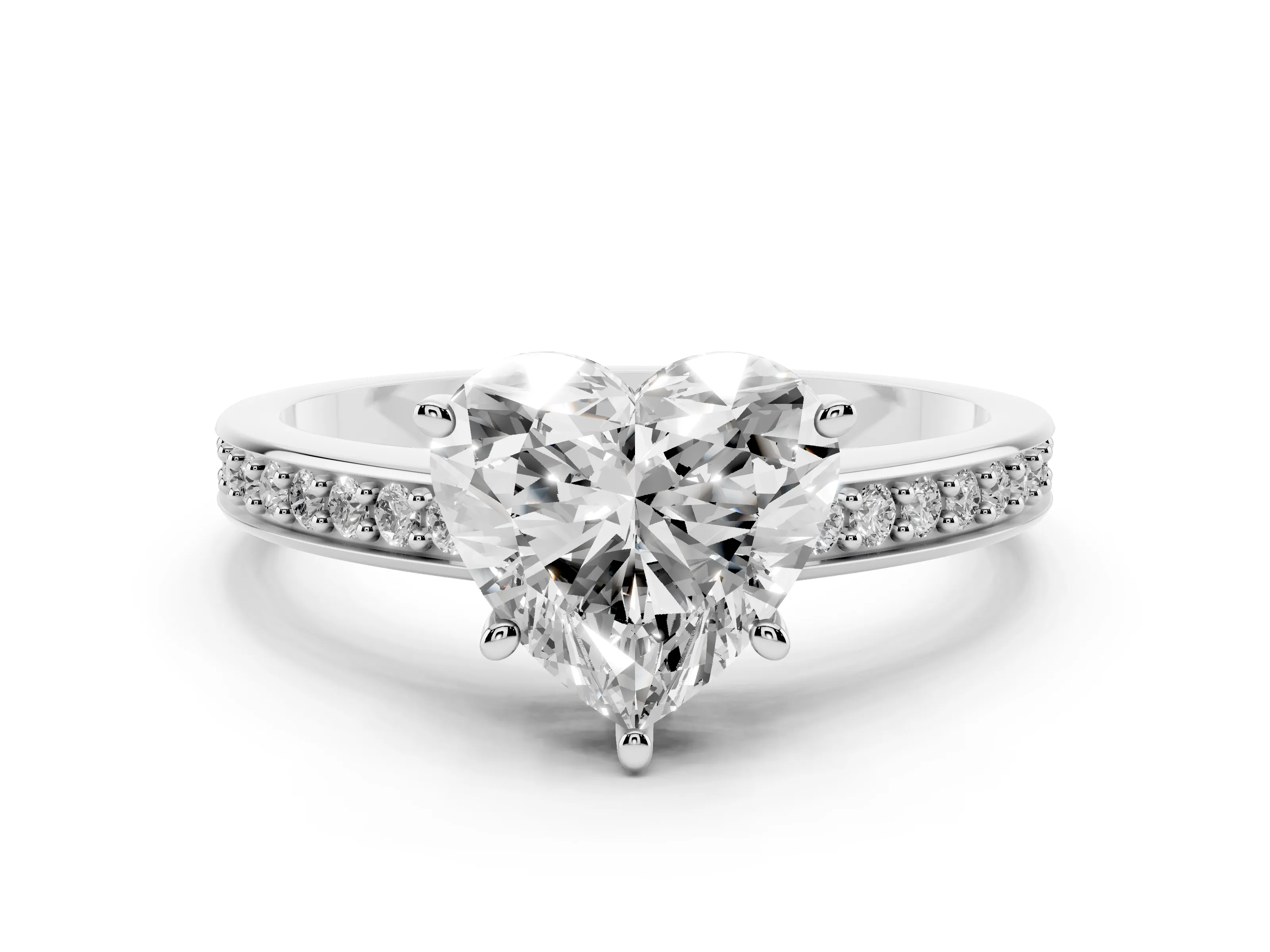 Heart Cut Diamond Pavé Band Prong Set Solitaire Ring Set in White gold