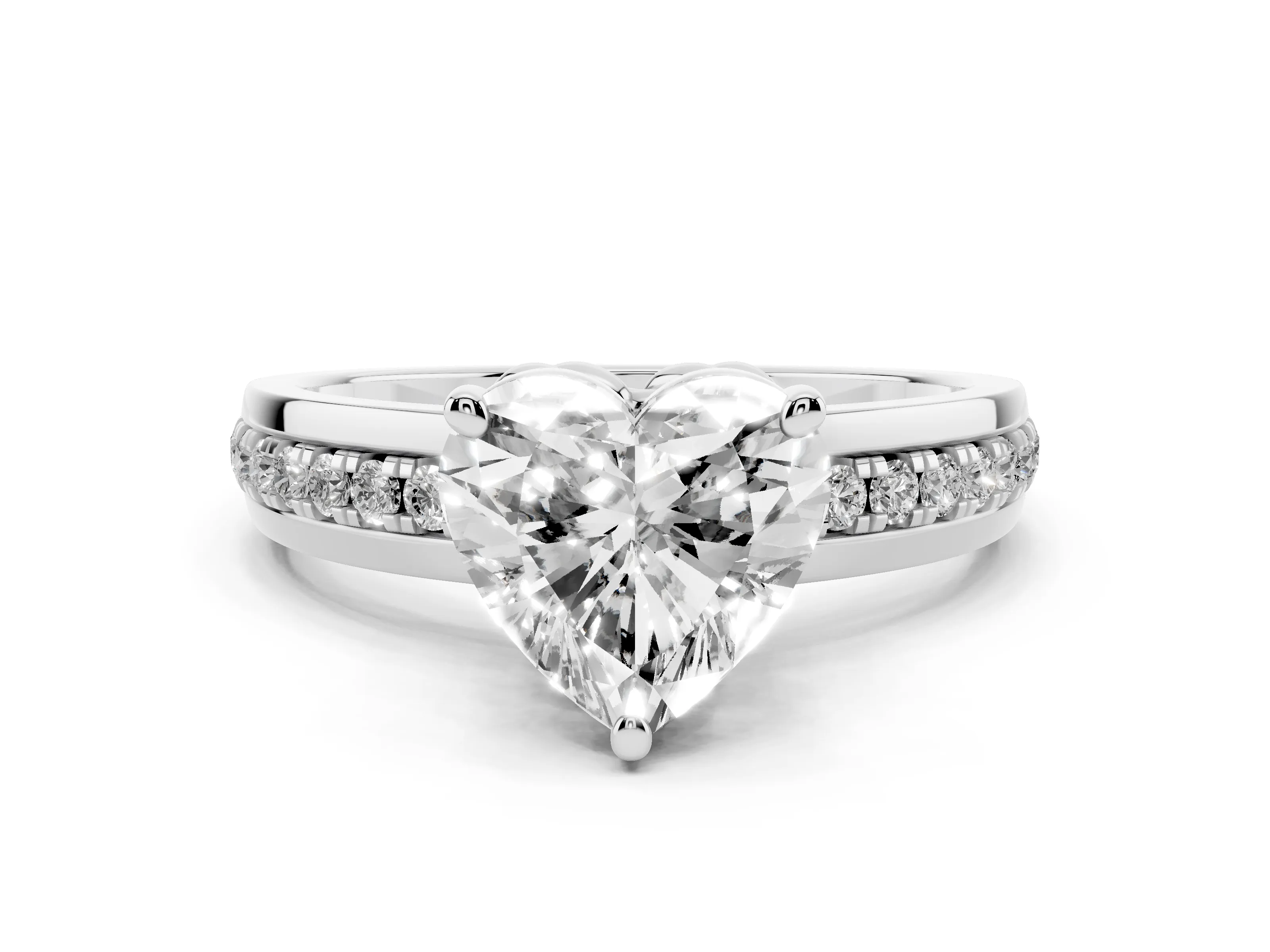 Heart Cut Diamond Solitaire Ring Set in White gold with Channel Set Band and Prong Setting