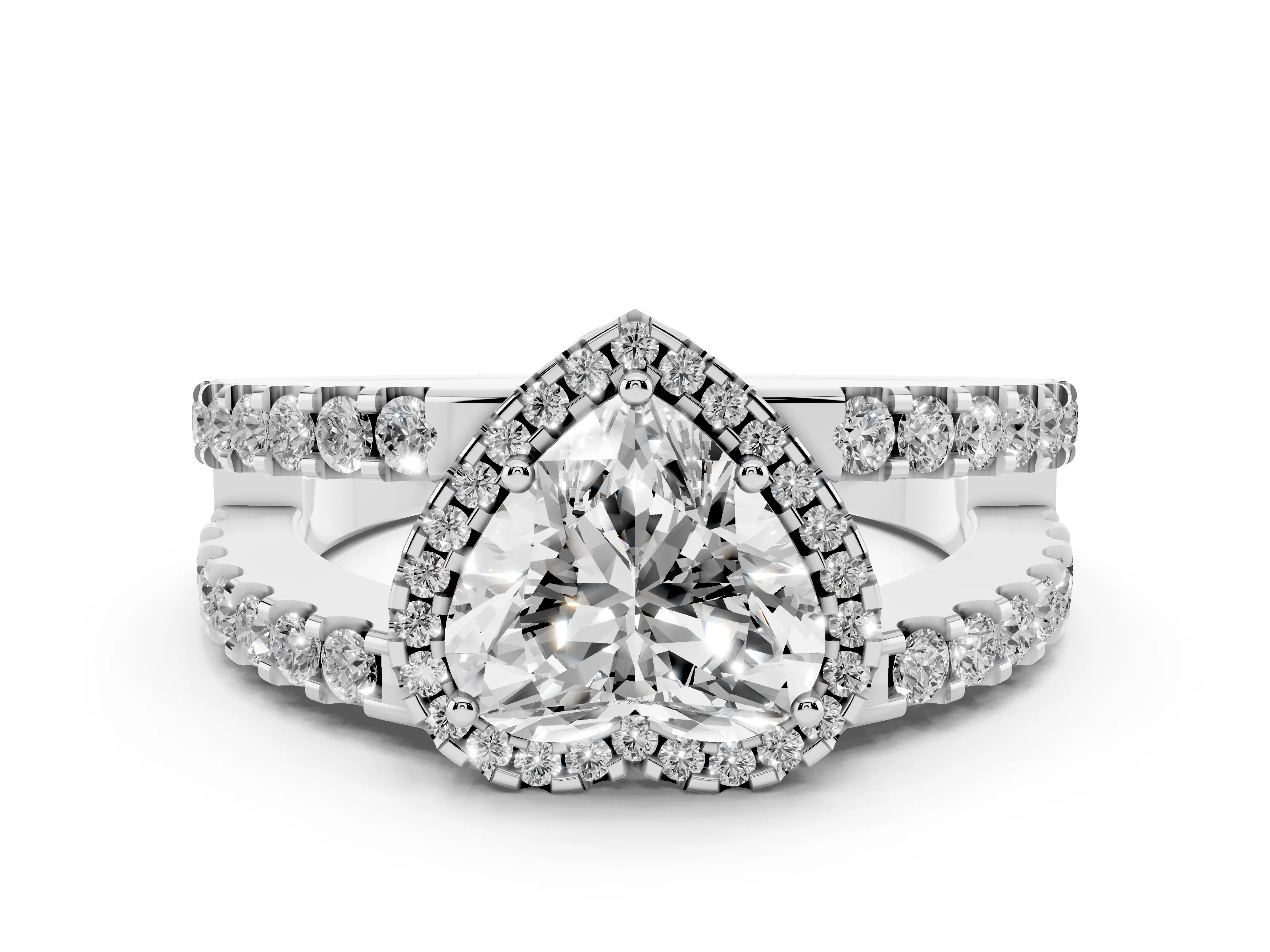 Heart Cut Diamond Halo Ring Set in Platinum with Pavé Split Shank and Prong Setting