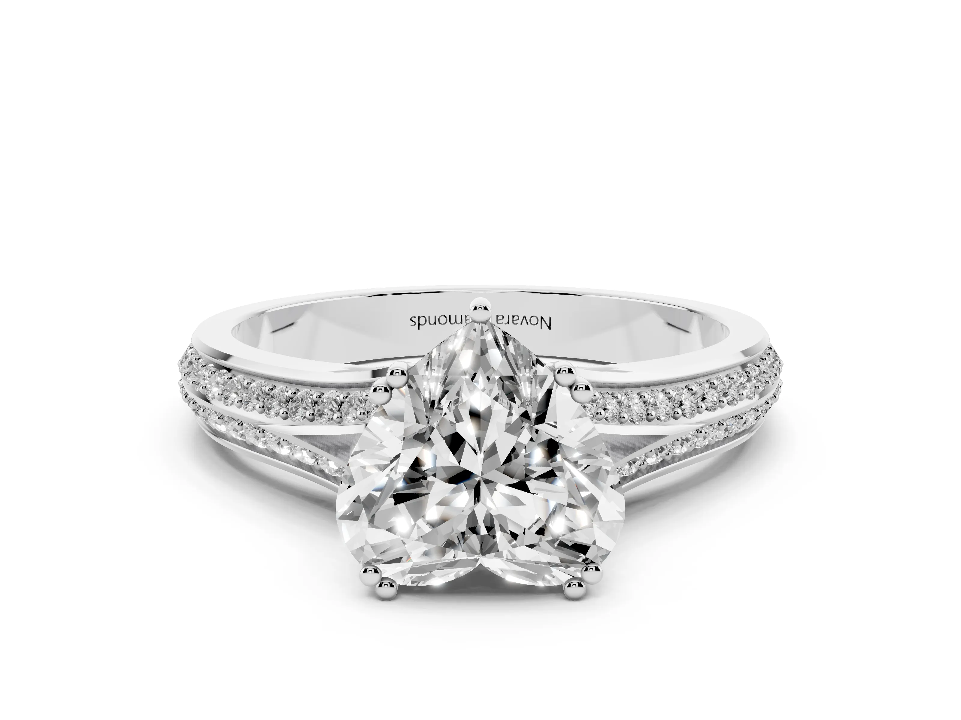 Heart Cut Diamond Split Shank Pavé Engagement Ring Set in White gold with Prong-Set Center Stone
