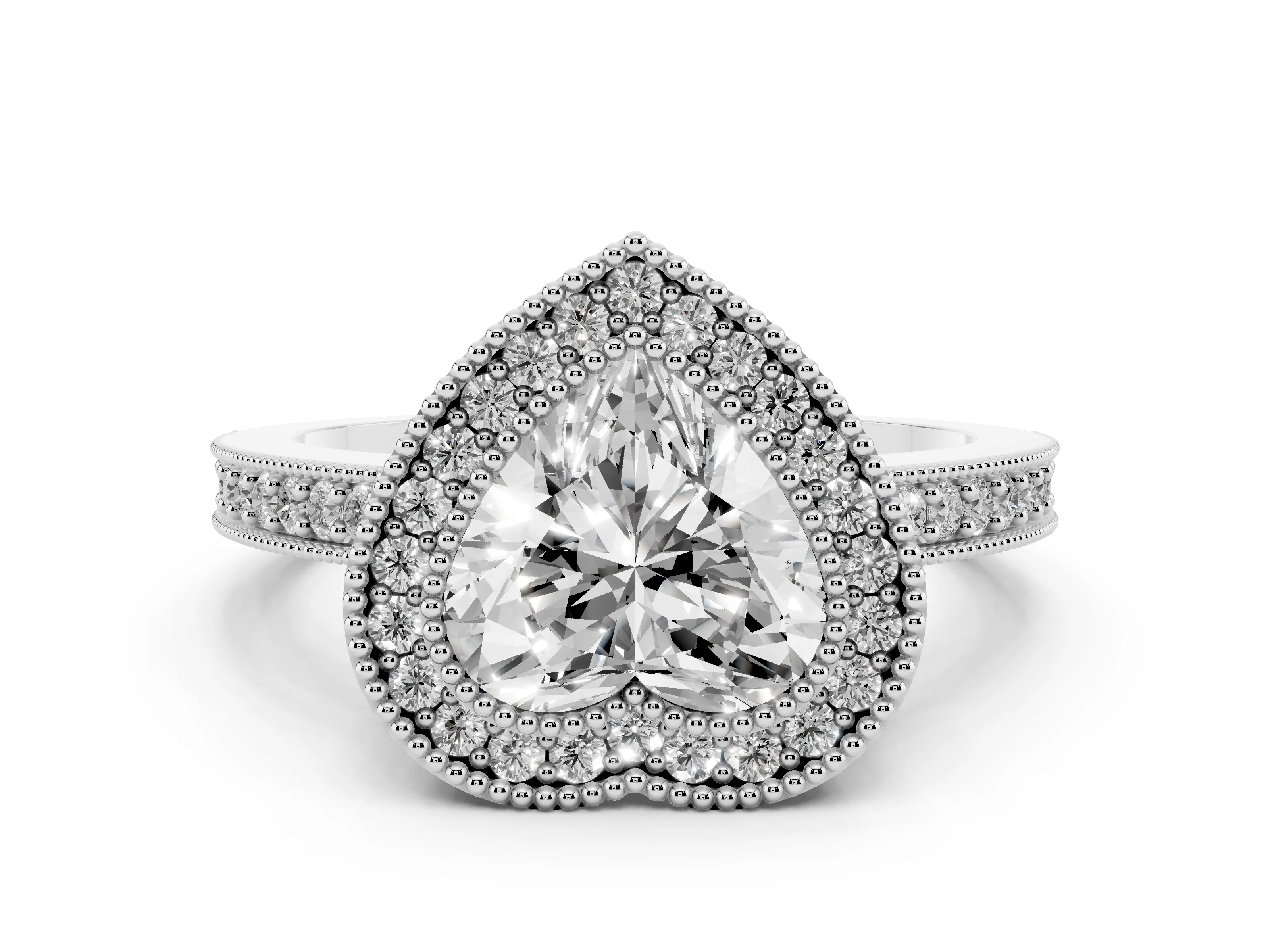Heart Cut Diamond Halo Engagement Ring Set in Platinum with Pavé Band and Round Halo Stones