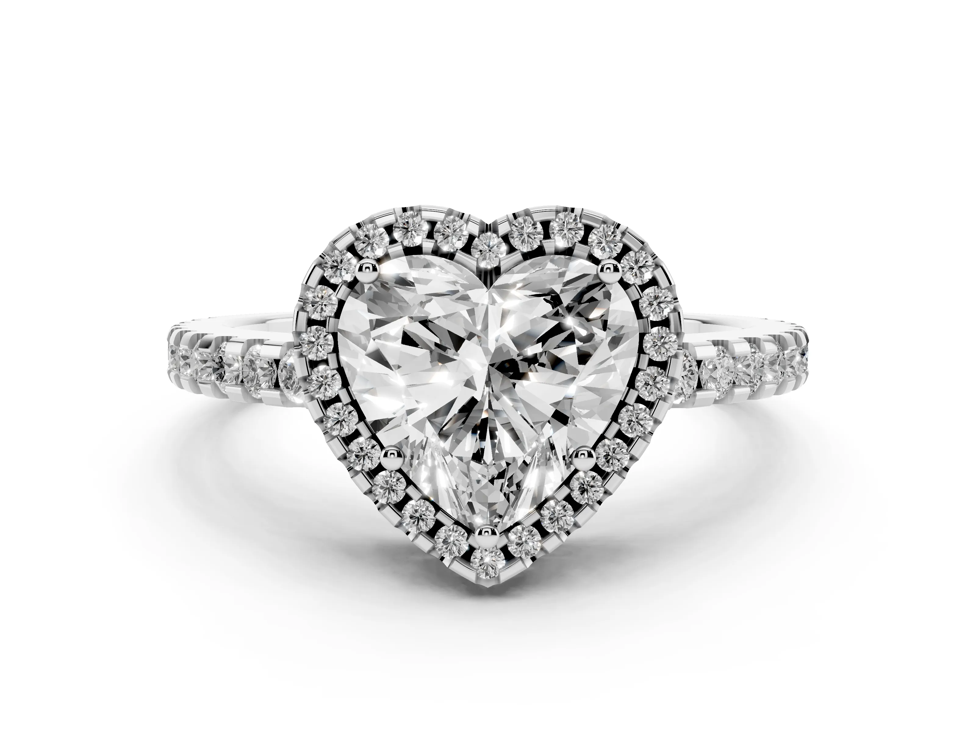 Heart Cut Diamond Halo Ring Set in Platinum with Pavé Shoulders and Halo-Framed Center