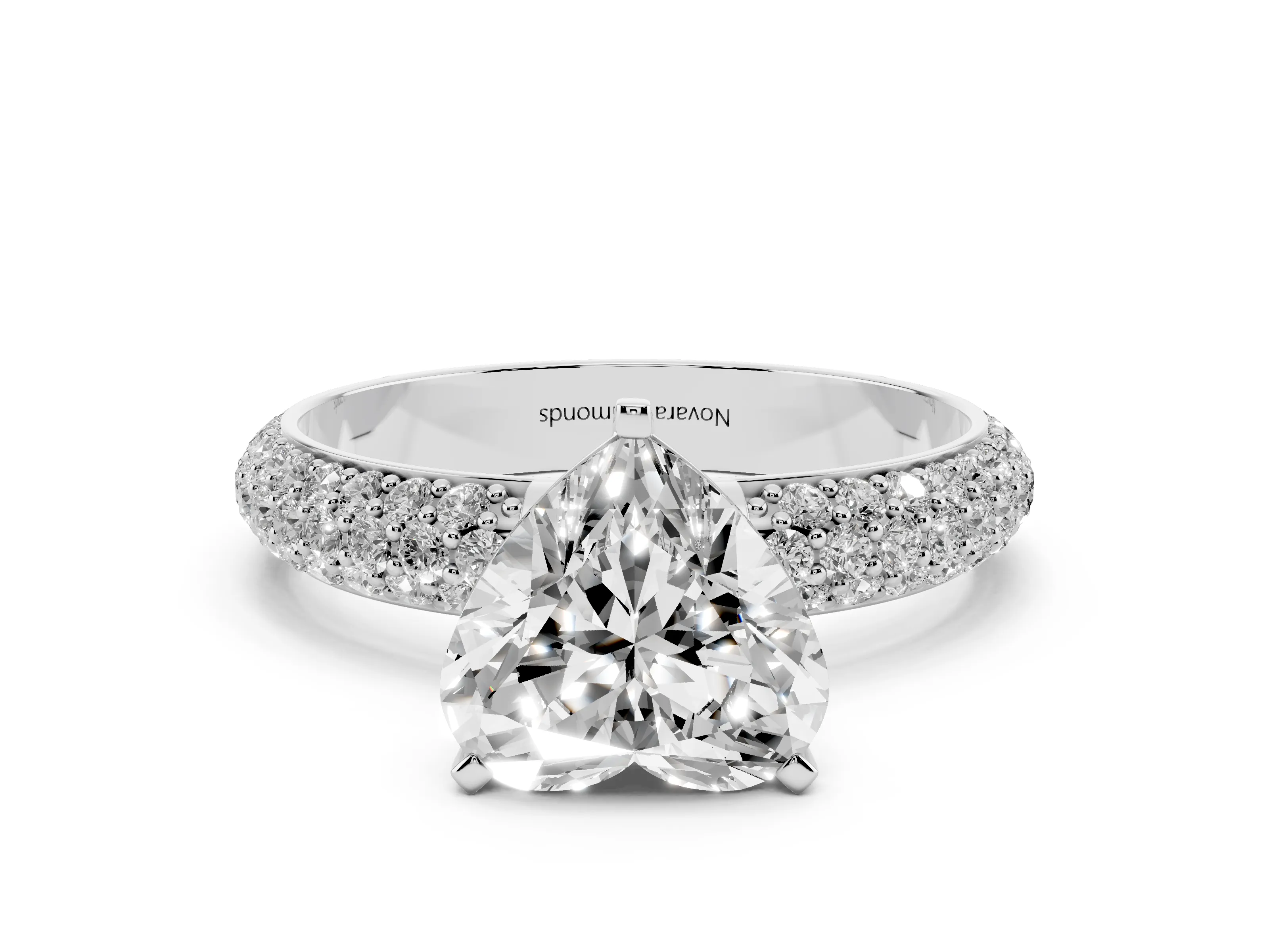 Heart Cut Diamond Solitaire Ring Set in White gold with Prong Setting and Pavé-Set Band