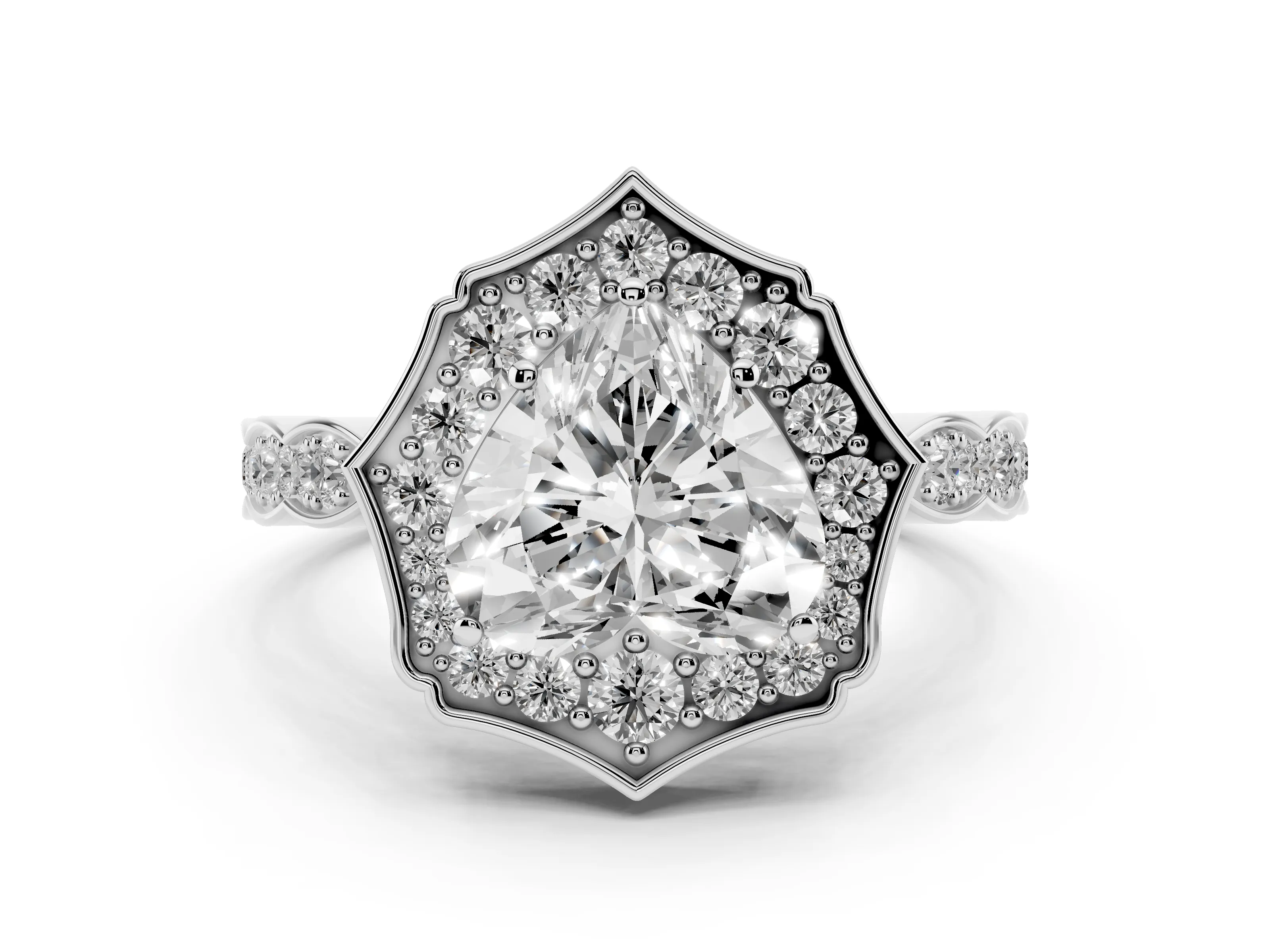 Heart Cut Diamond Halo Engagement Ring Set in White gold with Milgrain Band and Prong Setting