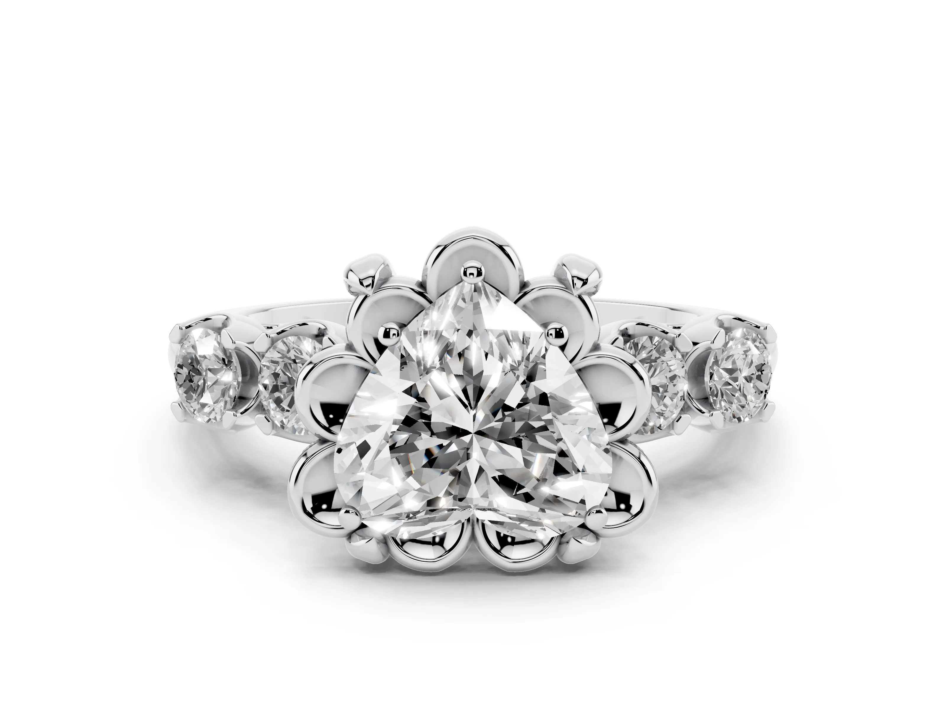 Heart Cut Diamond Floral Halo Ring Set in White gold with Shared Prong Band