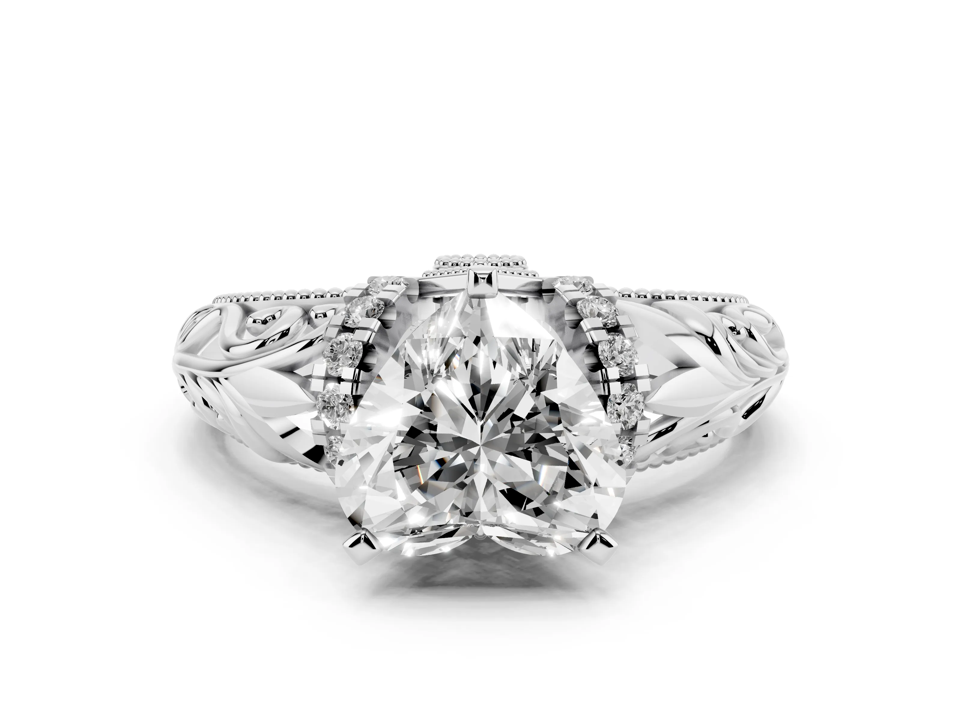 Heart Cut Diamond Filigree Halo Engagement Ring Set in White gold with Prong Setting