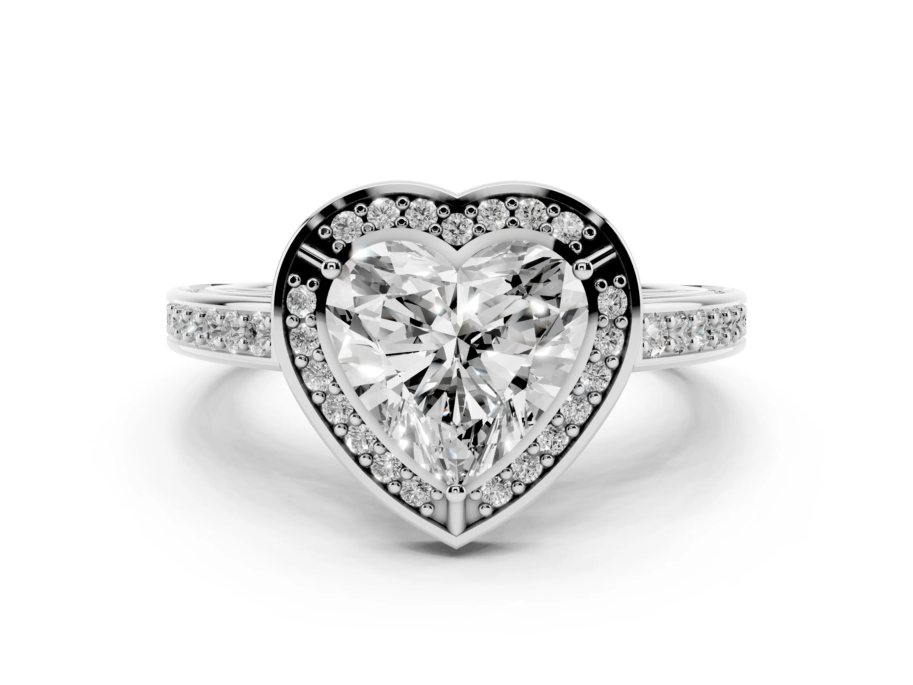 Heart Cut Diamond Halo Pavé Split Shank Ring Set in White gold with Prong Setting