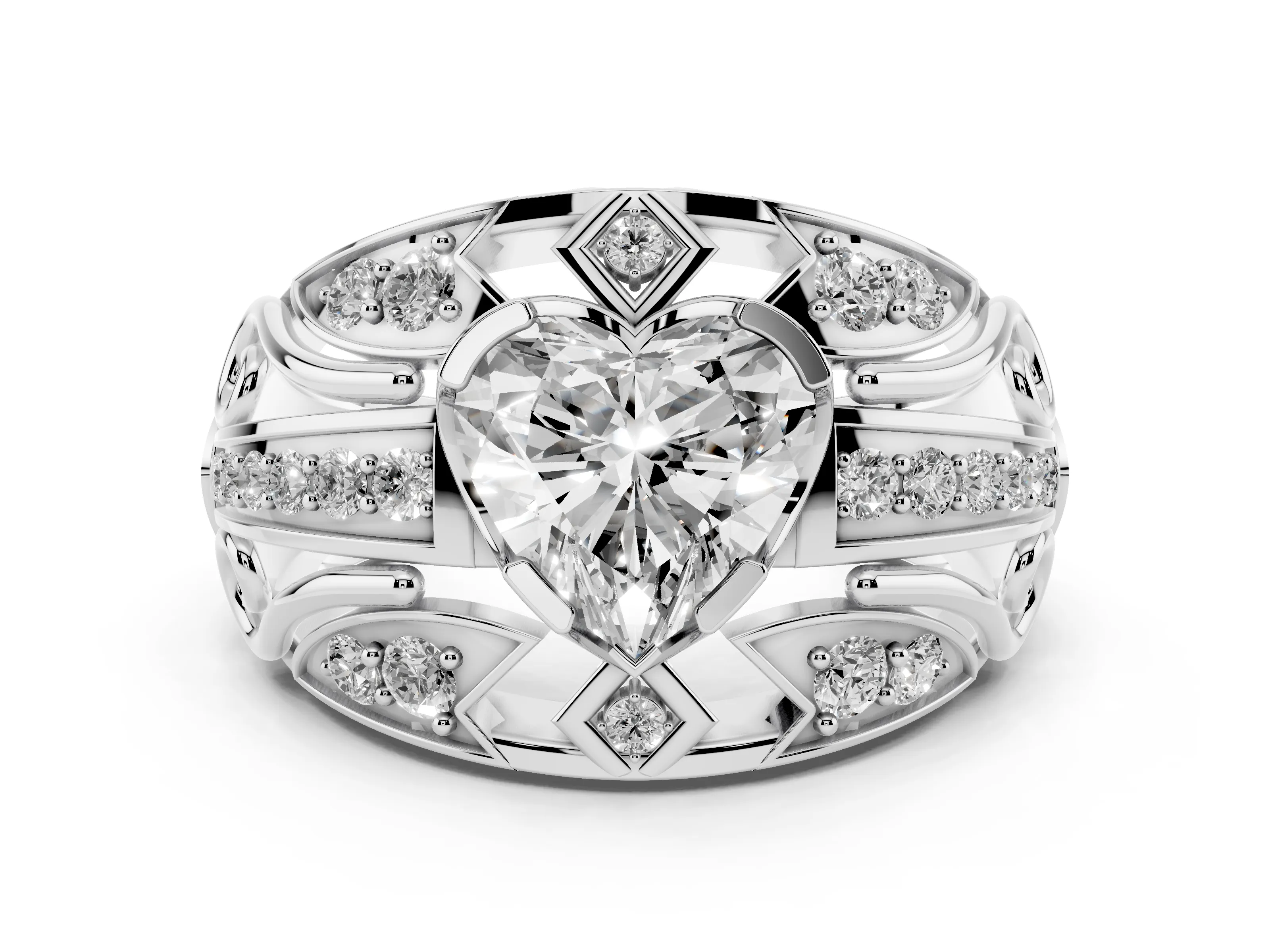 Heart Cut Diamond Art Deco Ring Set in Silver with Pavé Split Shank