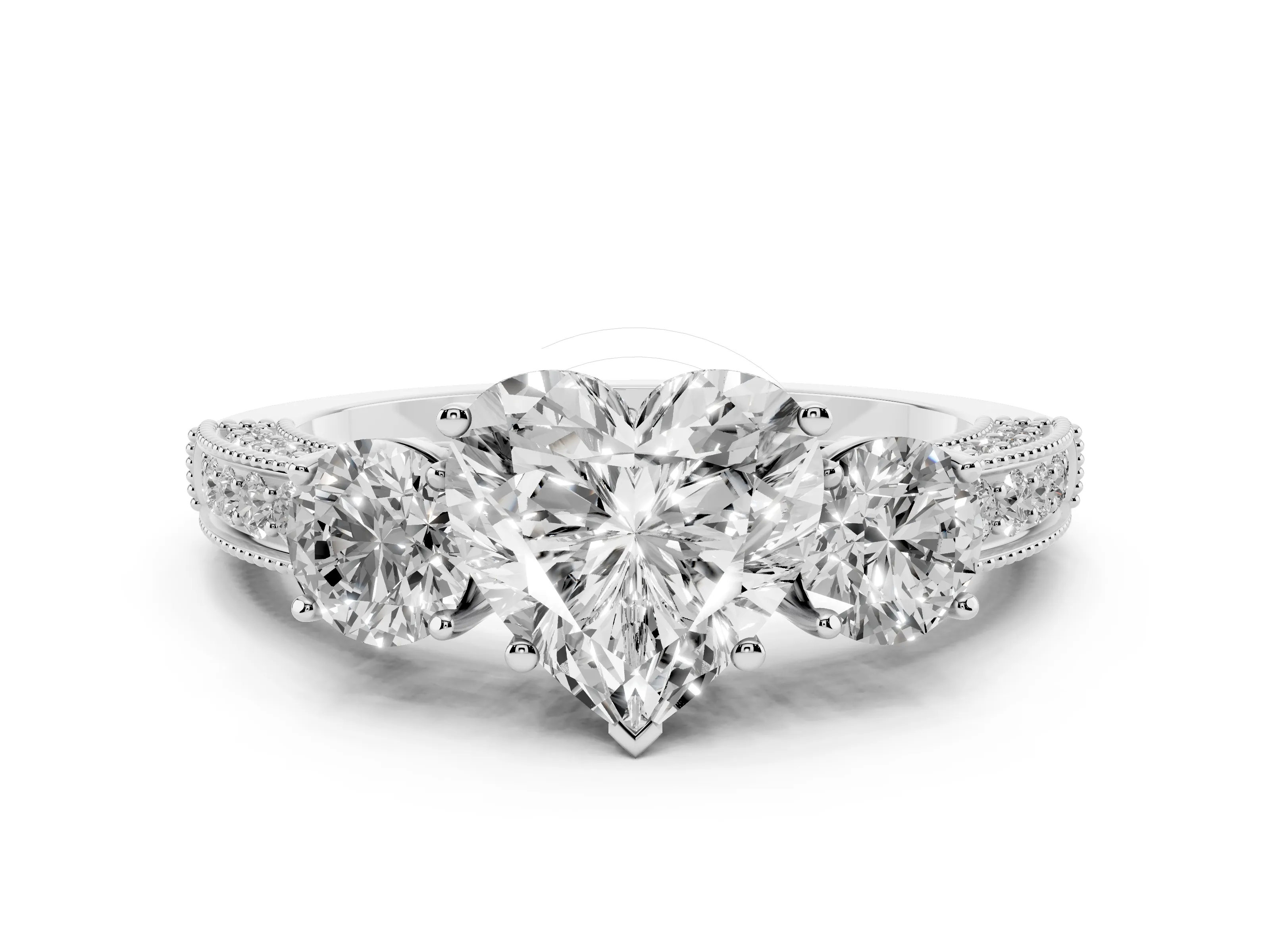 Heart Cut Diamond Three-Stone Ring Set in Platinum with Round Side Stones and Pavé Band