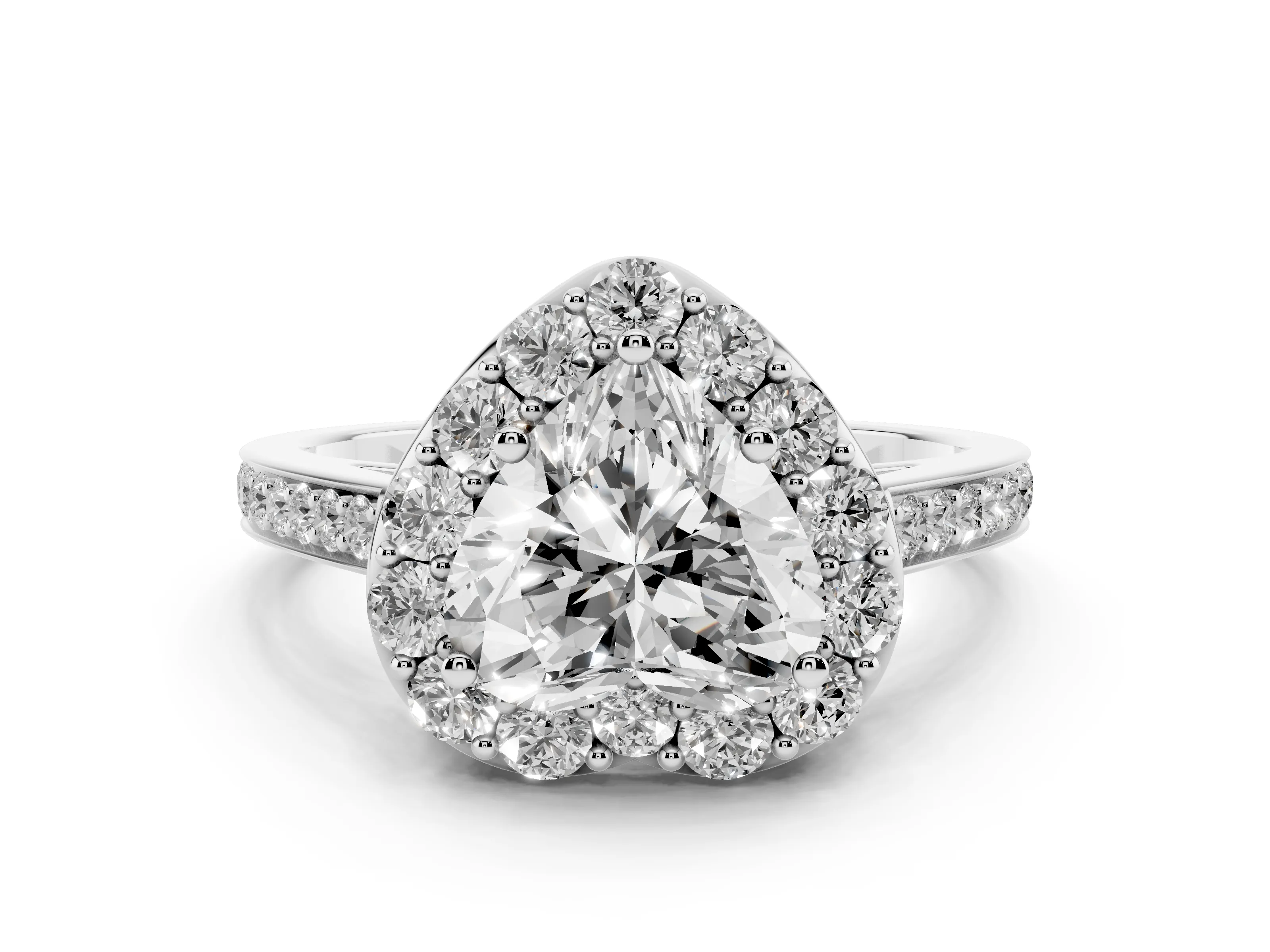 Heart Cut Diamond Floral Halo Ring Set in Platinum with Pavé Band and Prong Setting