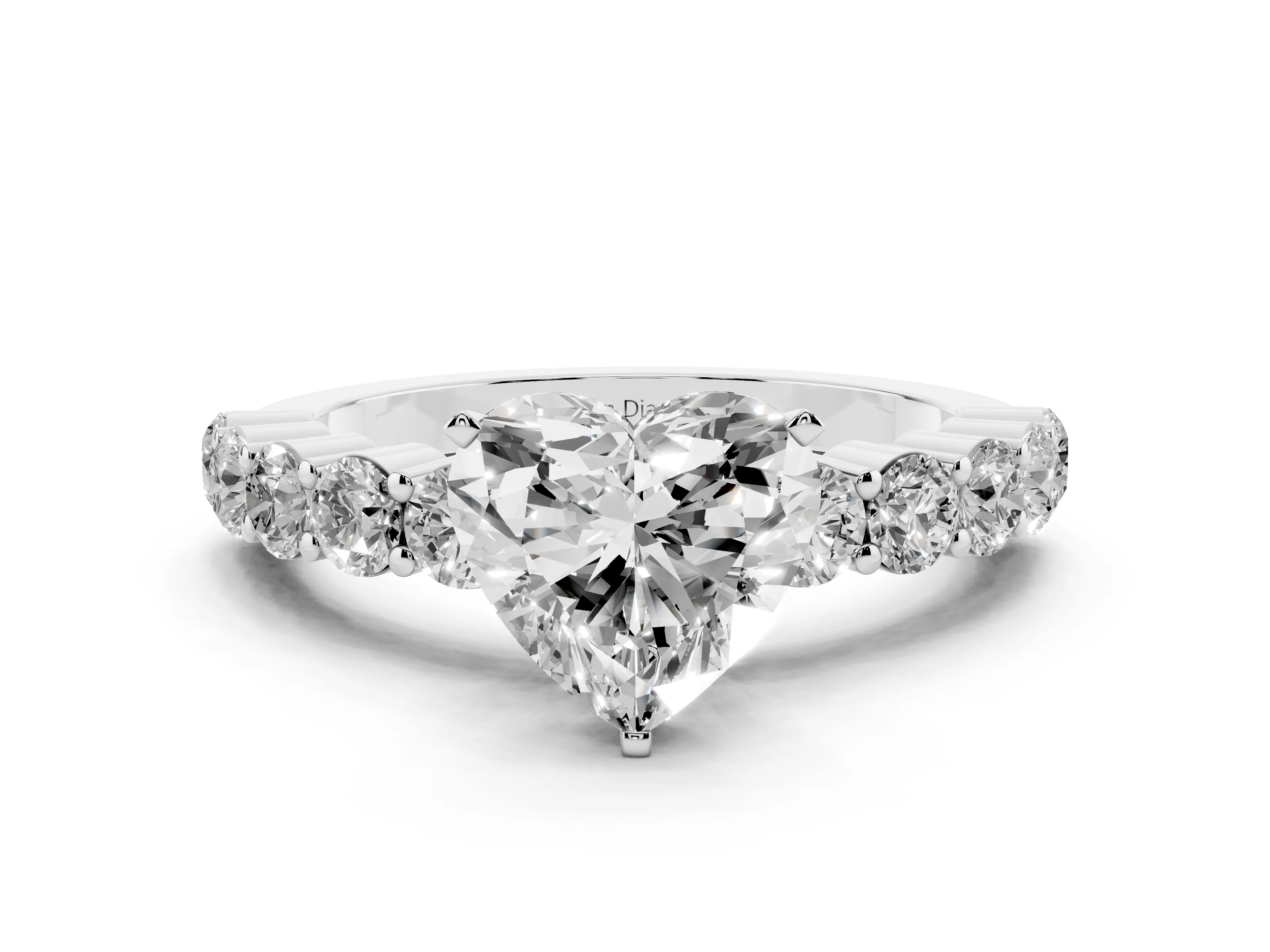 Heart Cut Diamond Solitaire Ring Set in White gold with Shared Prong Round Side Stones