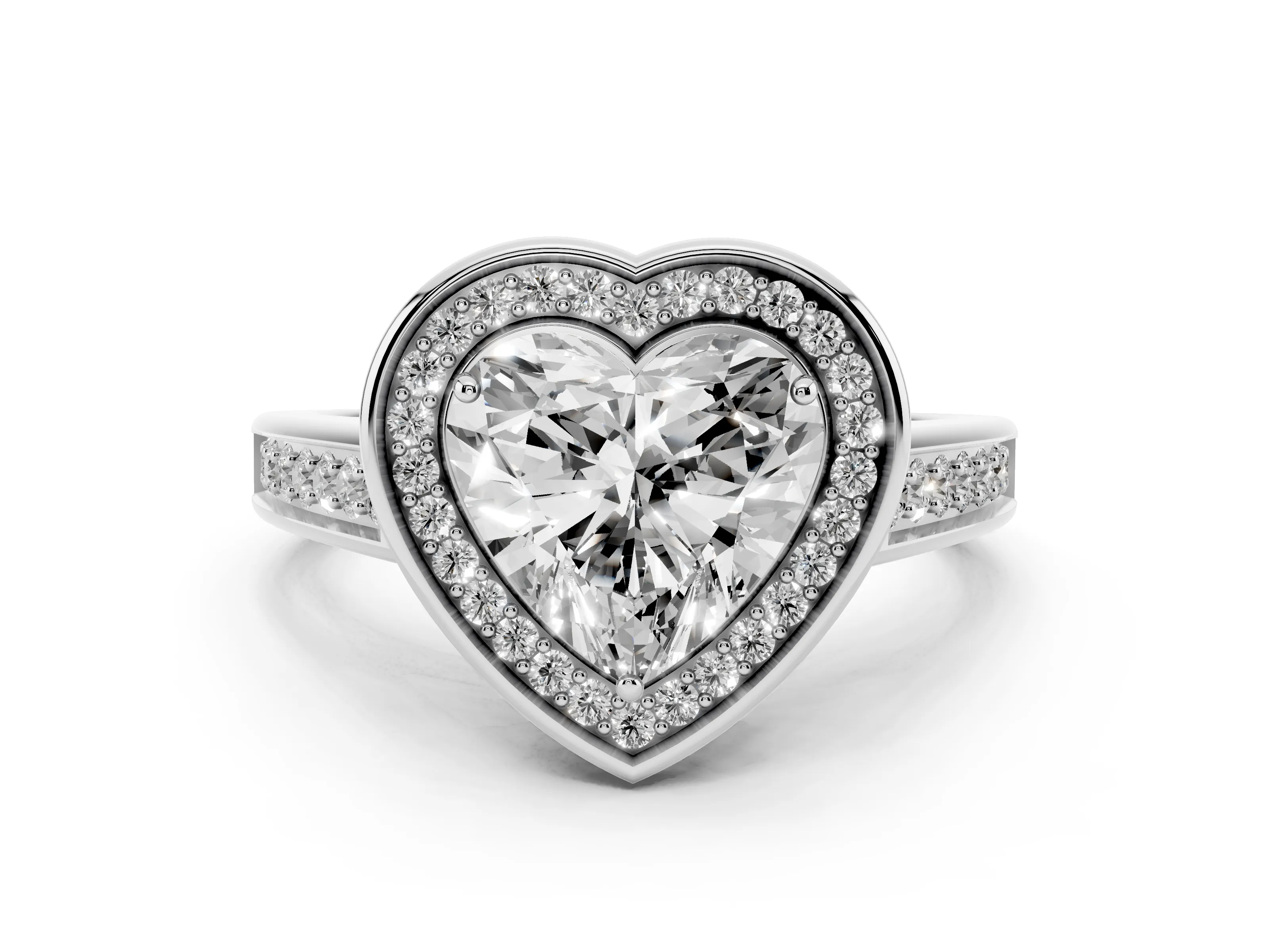 Heart Cut Diamond Halo Solitaire Ring Set in Platinum with Pavé Band and Bezel Setting