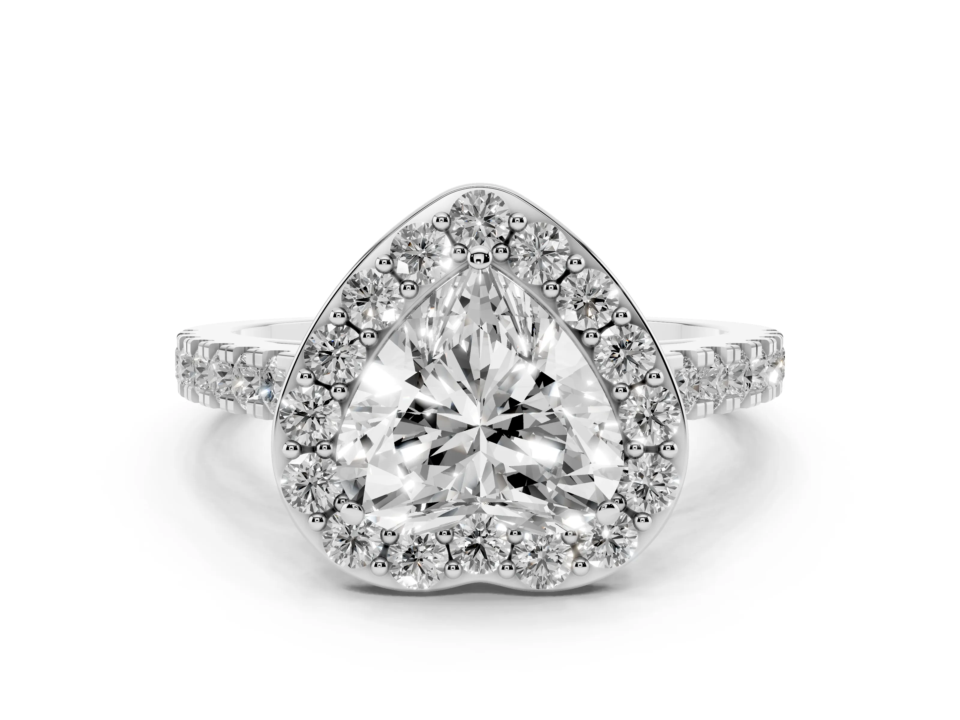 Heart Cut Diamond Halo Ring Set in Platinum with Round Pavé Split Shank and Prong Setting