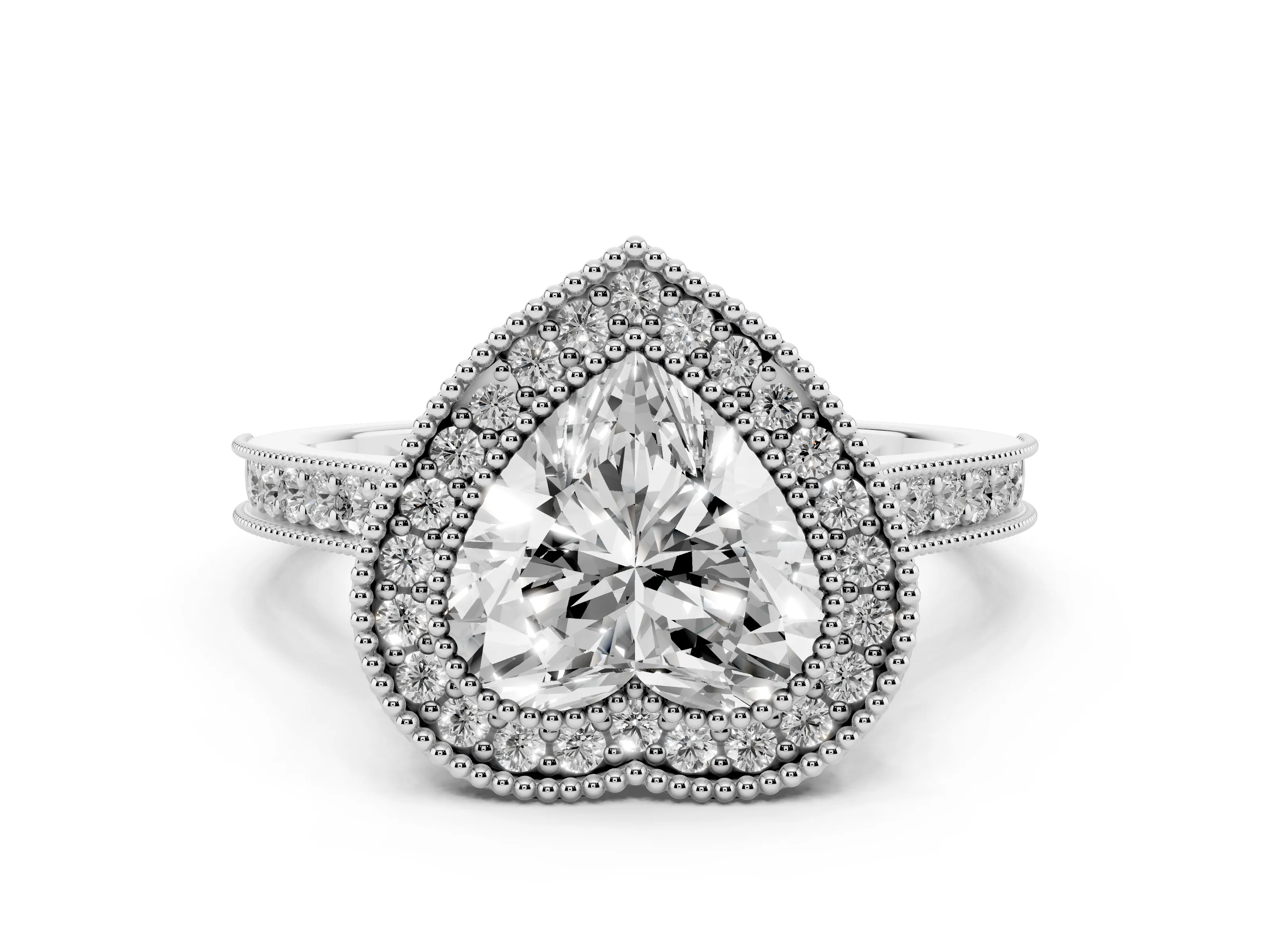 Heart Cut Diamond Halo Milgrain Pavé Band Ring Set in Platinum with Prong Setting