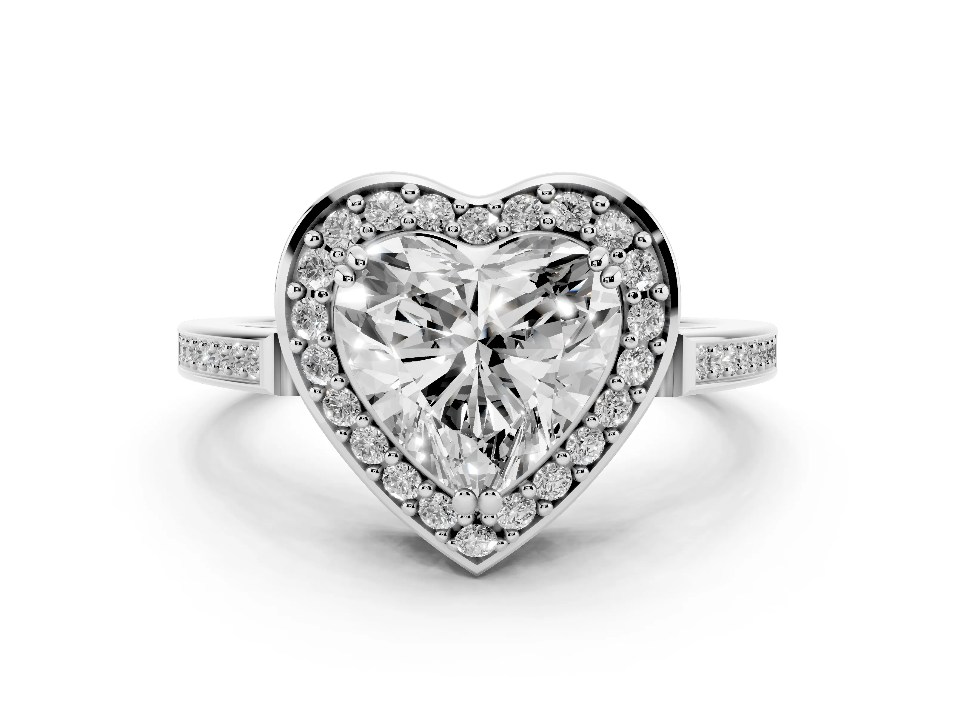 Heart Cut Diamond Halo Ring Set in White gold with Accent-Lined Split Shank and Prong Setting