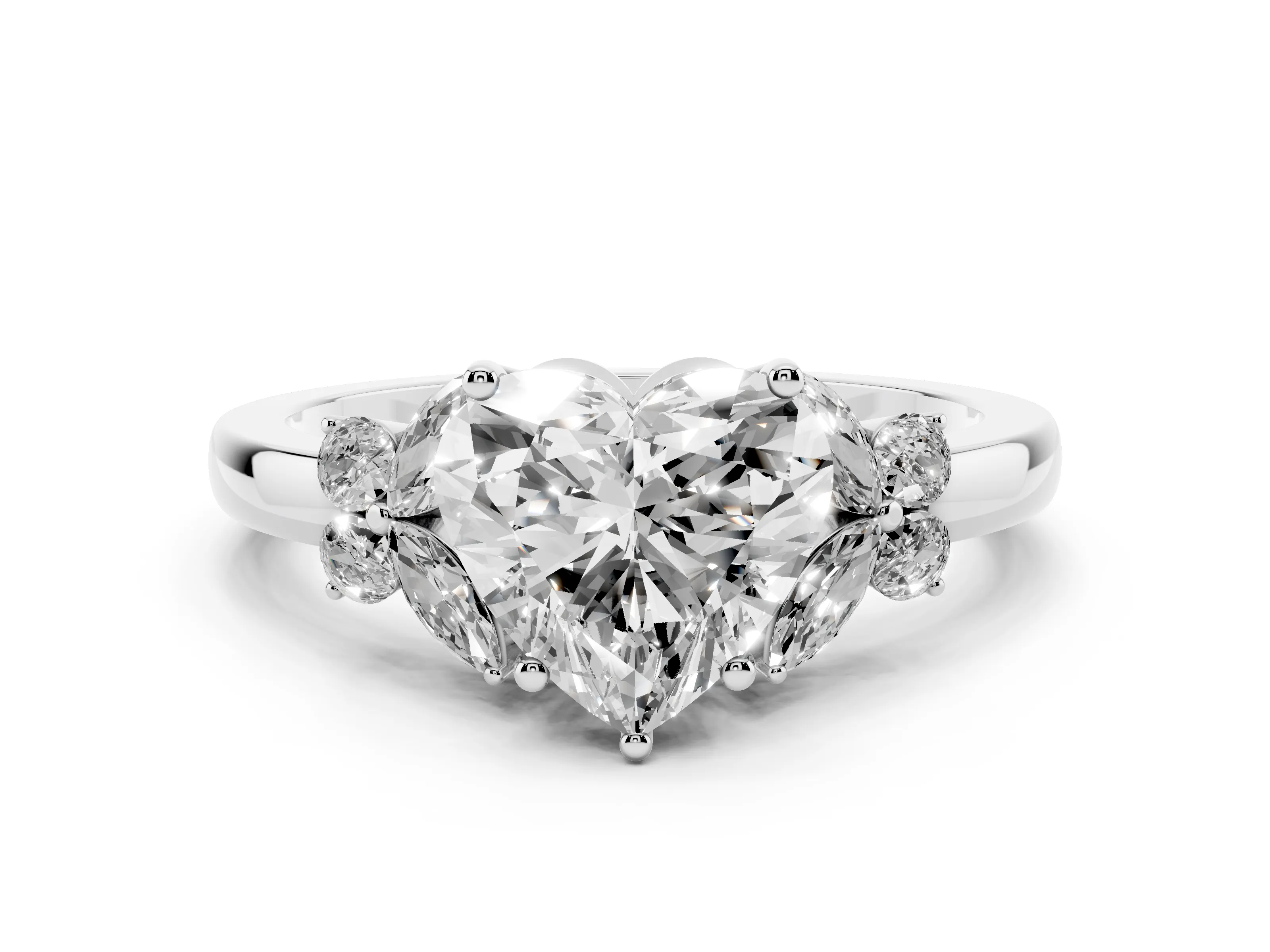Heart Cut Diamond Solitaire Floral Ring Set in White gold with Marquise Petals and Prong Setting