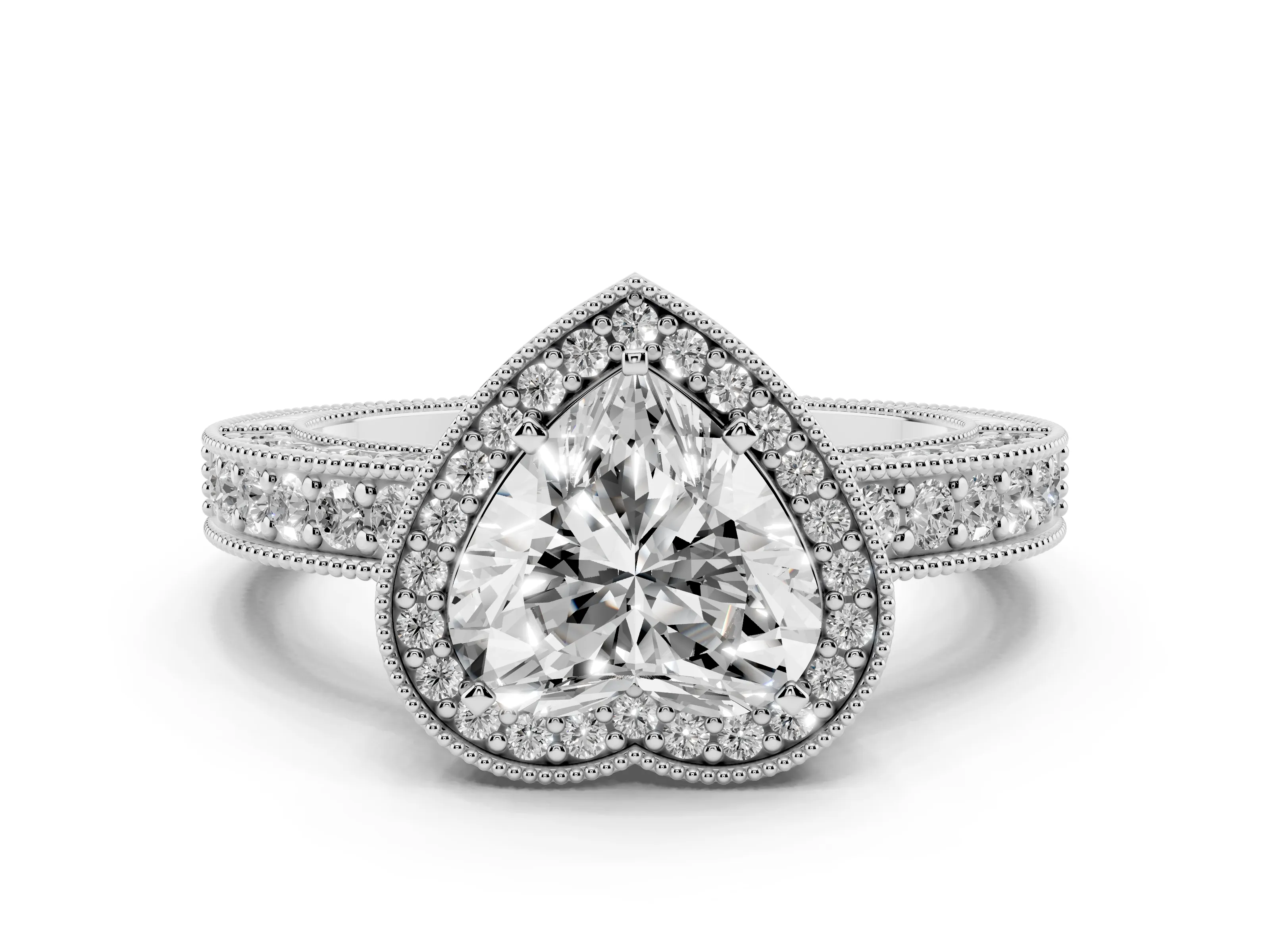 Heart Cut Diamond Halo Pavé Band Ring Set in White gold with Prong-Set Center