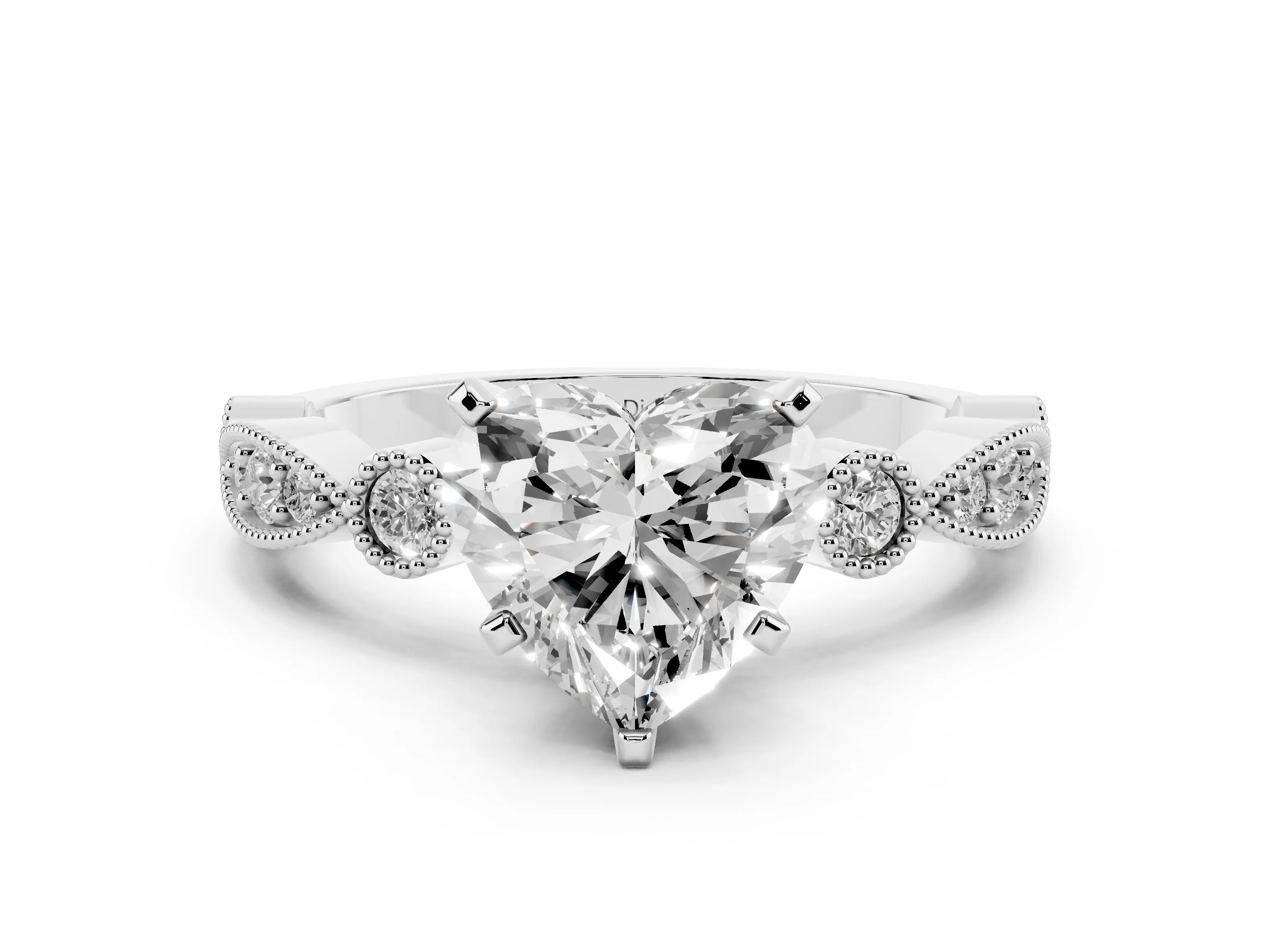 Heart Cut Diamond Solitaire Engagement Ring Set in Platinum with Milgrain Bezel Accent Band