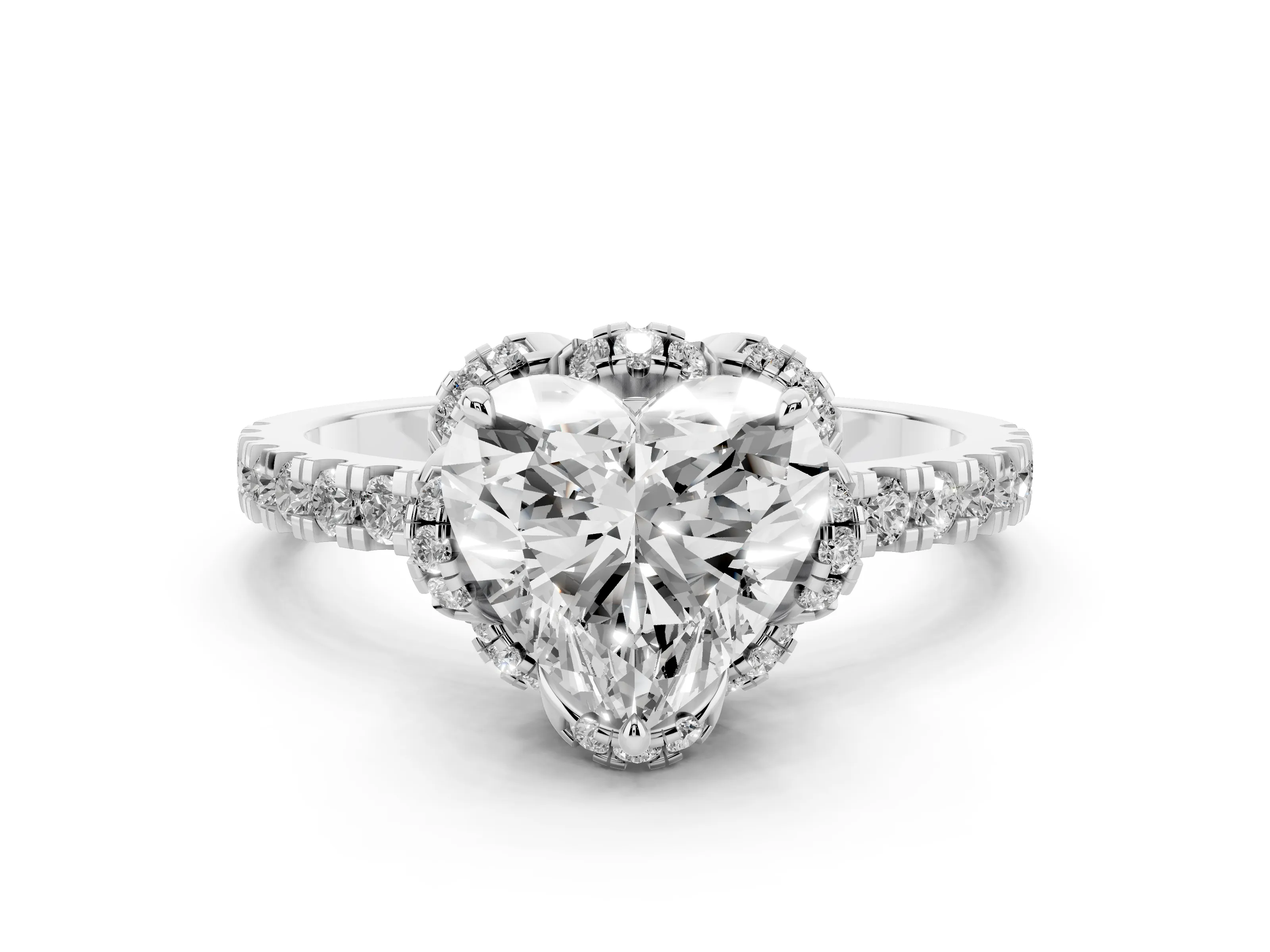 Heart Cut Diamond Halo Pavé Band Ring Set in Platinum with Prong-Held Center