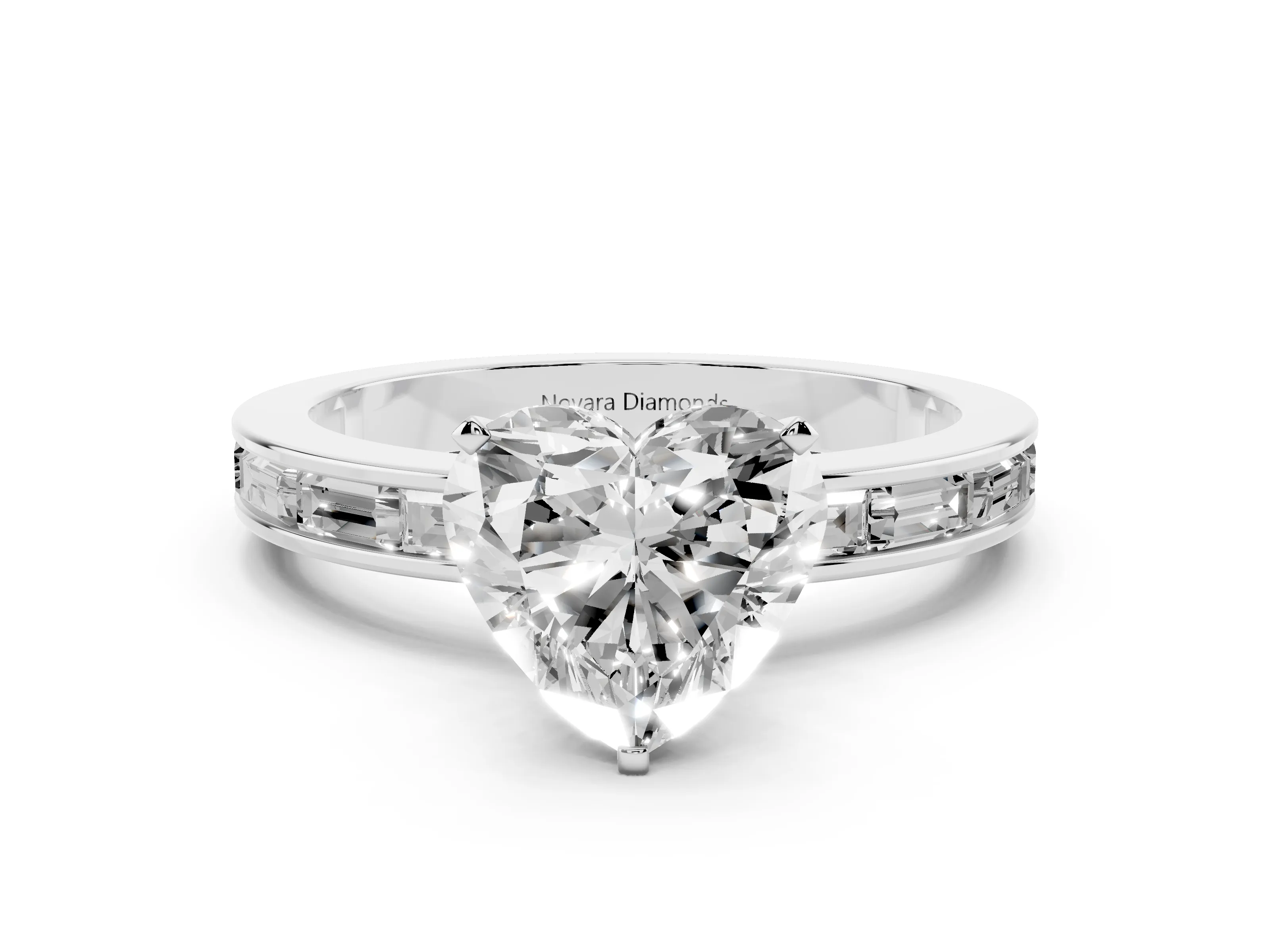 Heart Cut Diamond Solitaire Ring Set in White gold with Channel-Set Baguette Band and Prong Setting