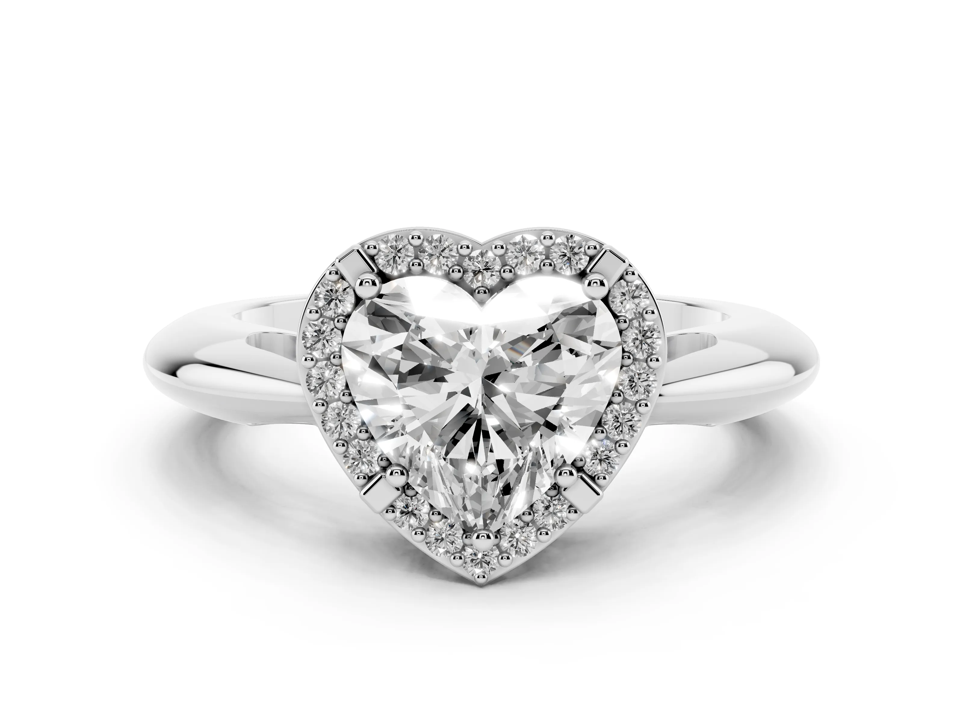 Heart Cut Diamond Halo Engagement Ring Set in Platinum with Plain Split Shank and Prong Setting