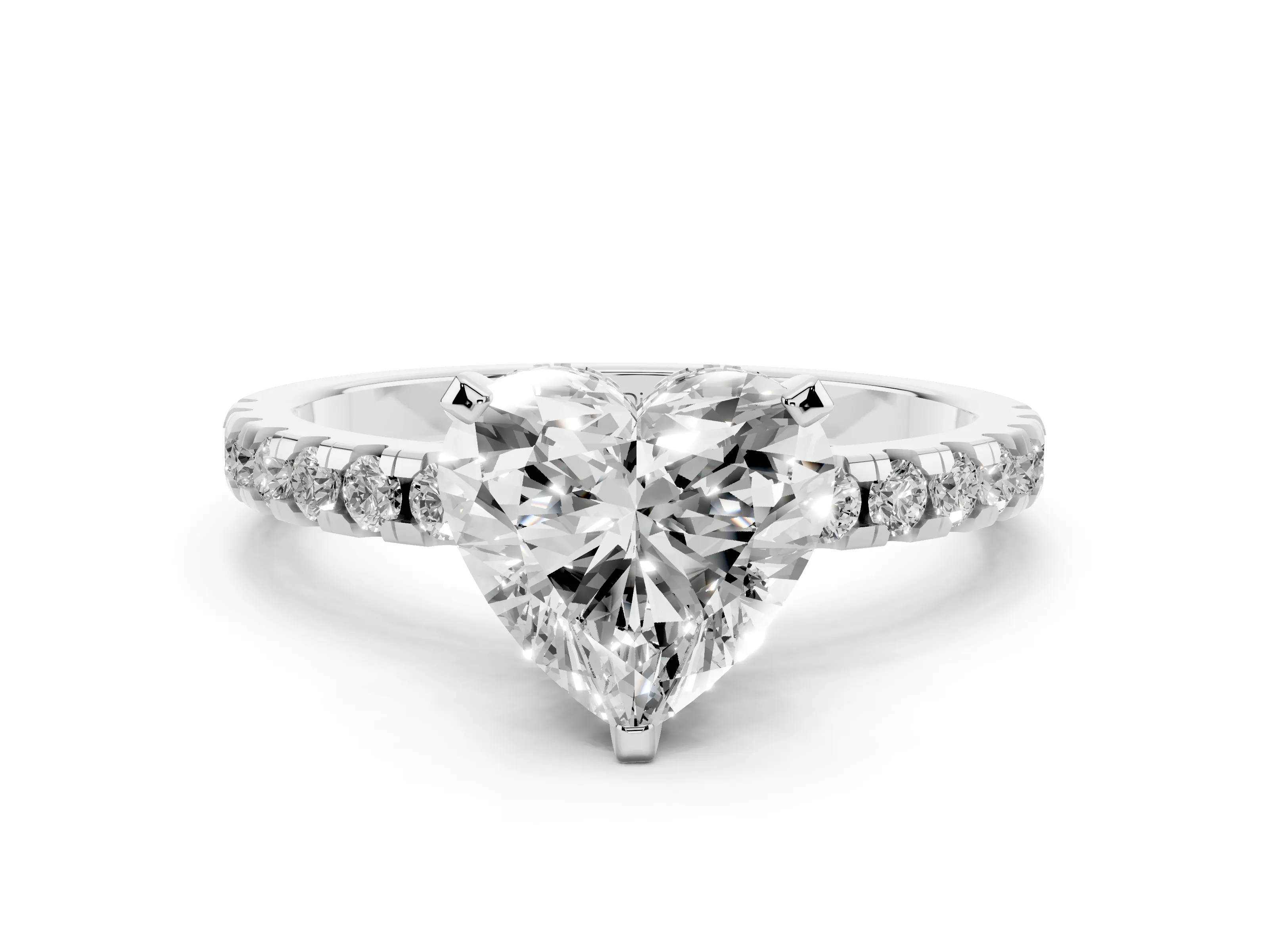 Heart Cut Diamond Pavé Solitaire Ring Set in Platinum with Round Band Accents and Prong Setting