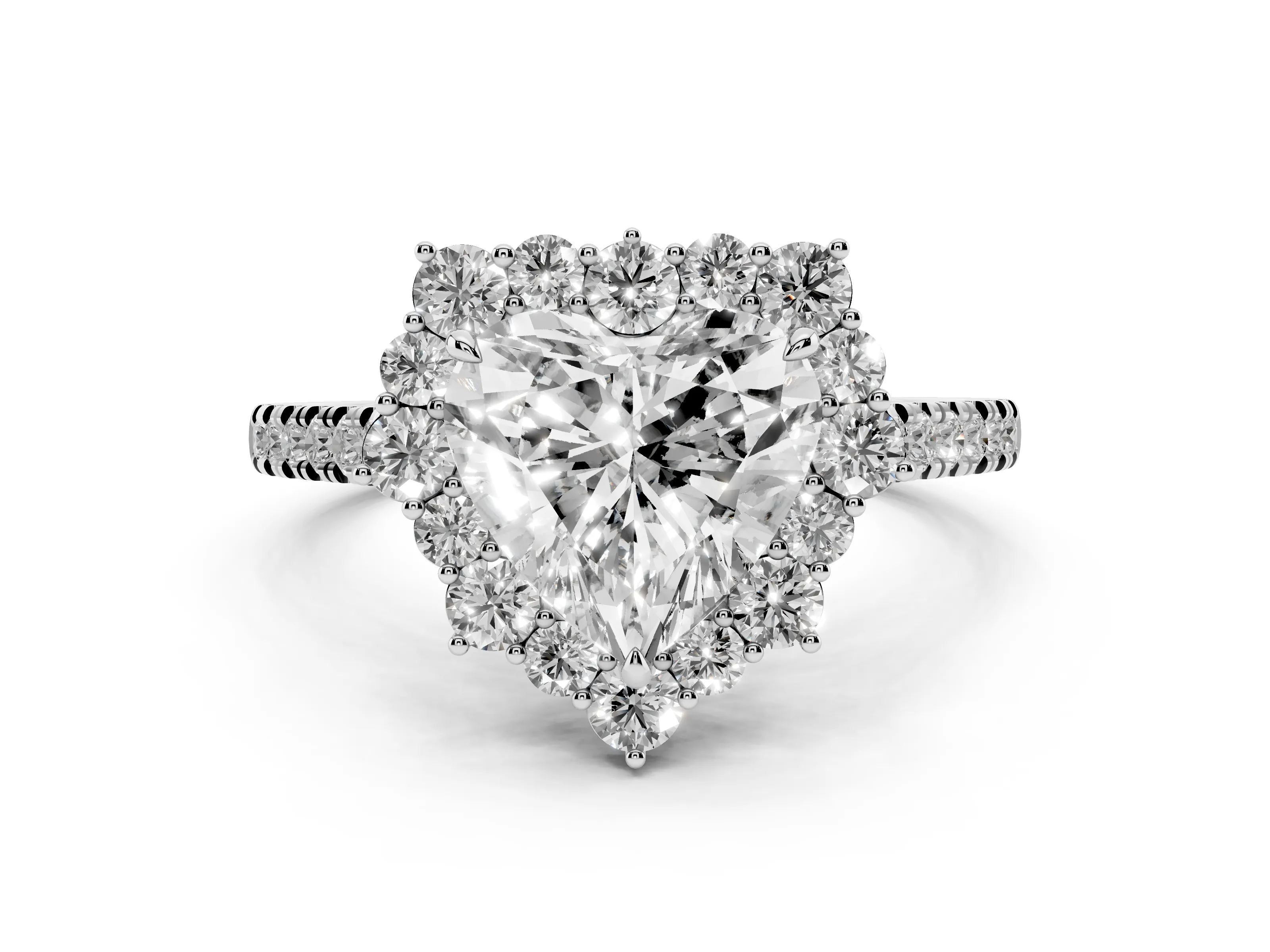 Heart Cut Diamond Halo Ring Set in Silver with Pavé Band and Prong Setting