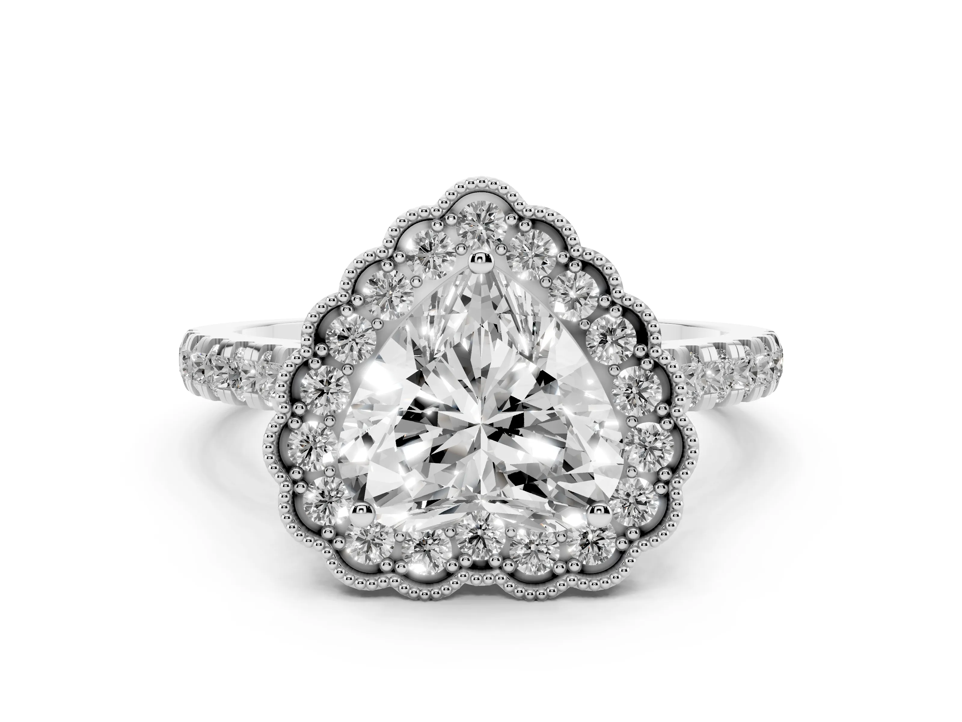 Heart Cut Diamond Milgrain Floral Halo Engagement Ring Set in Platinum with Pavé Band