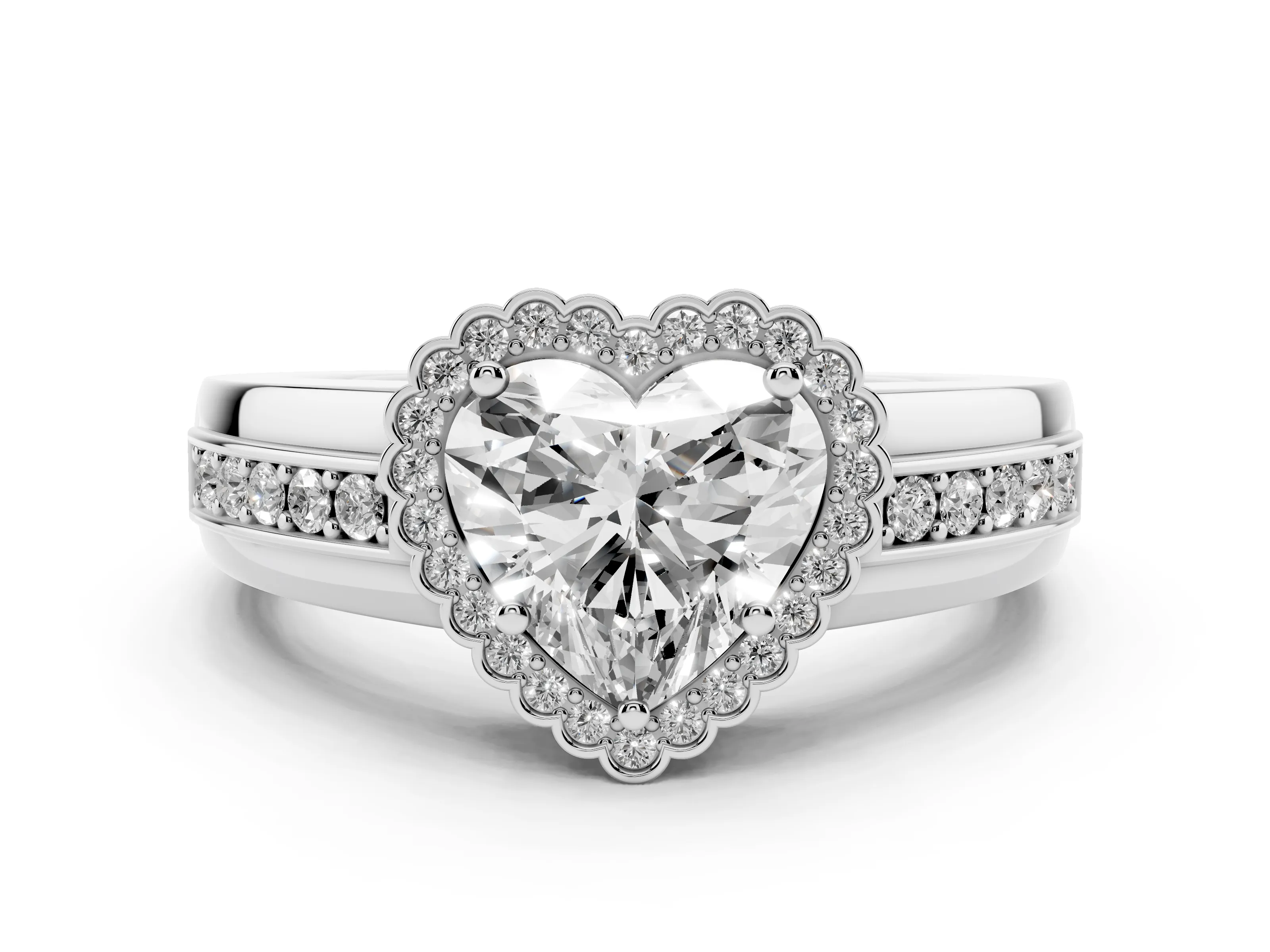 Heart Cut Diamond Halo Prong Ring Set in Platinum with Pavé Band