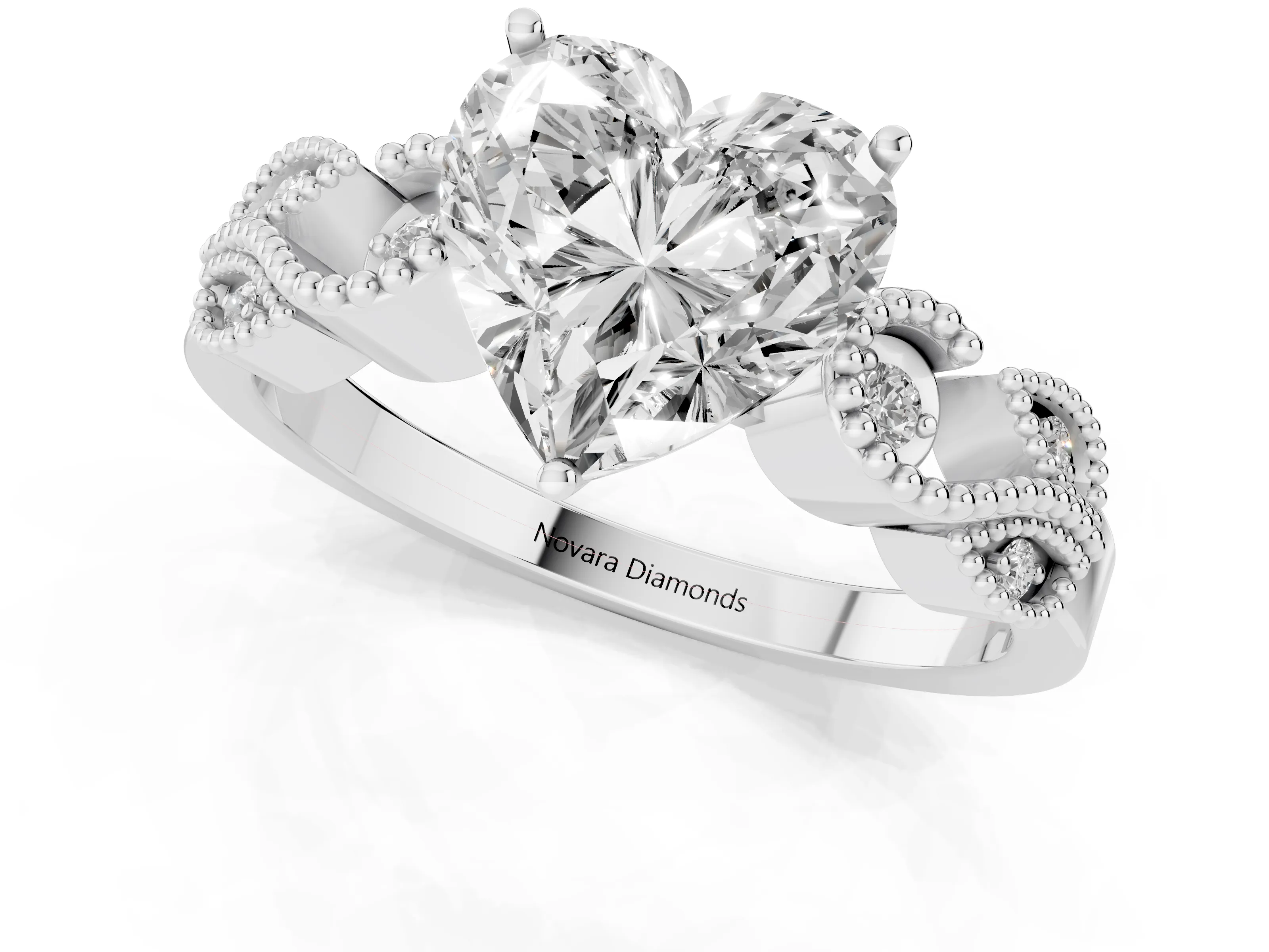 Heart Cut Diamond Milgrain Leaf Band Solitaire Ring Set in Silver with Accent Stones and Prong Setting