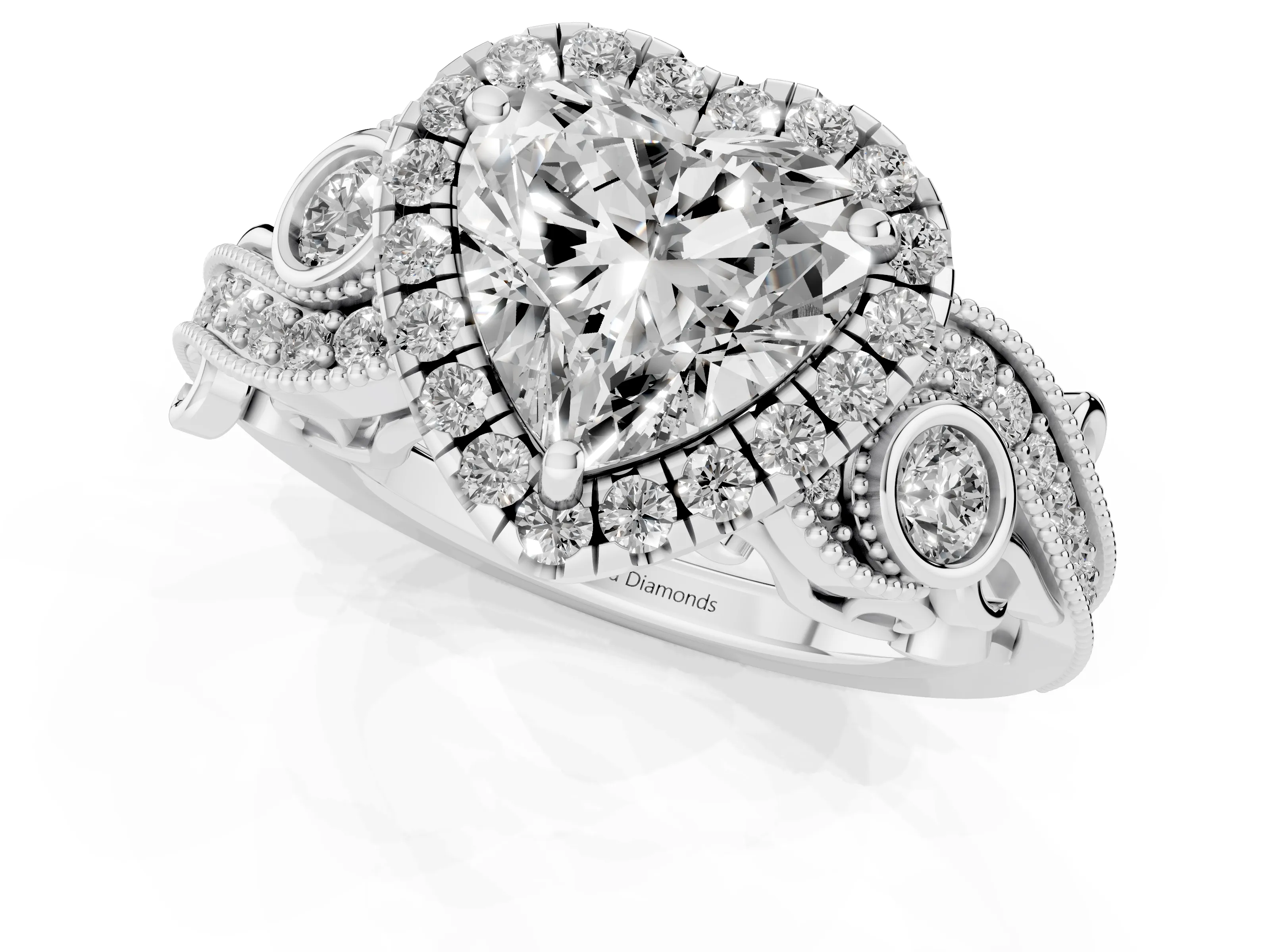 Heart Cut Diamond Halo Ring Set in Silver with Milgrain Pavé Band and Prong Setting