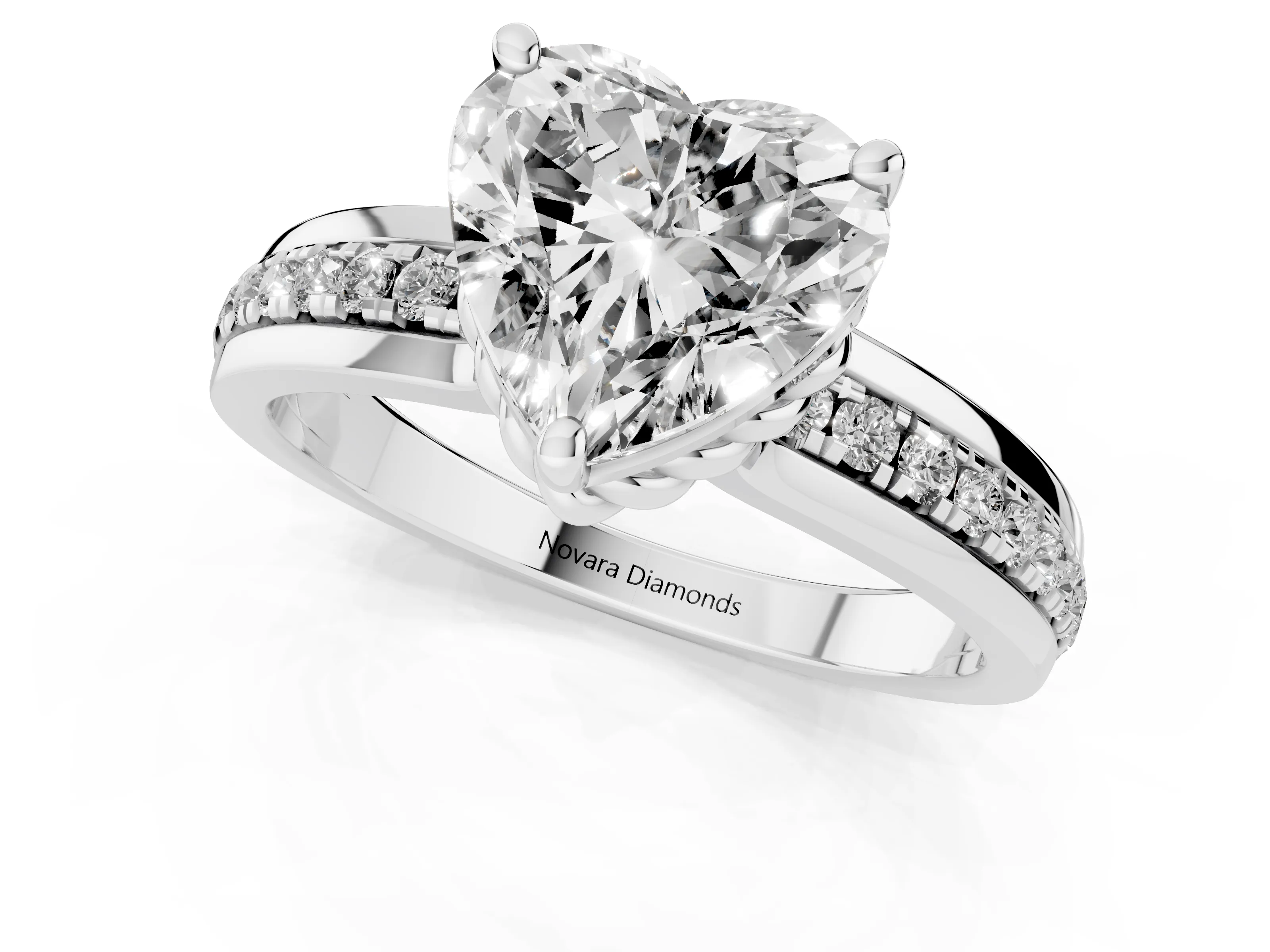Heart Cut Diamond Solitaire Ring Set in White gold with Channel Set Band and Prong Setting